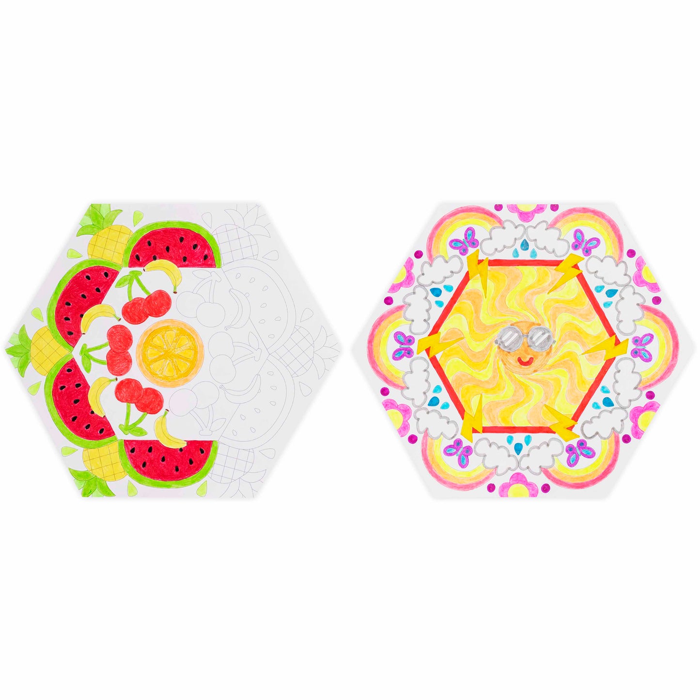 Mixed Media Coloring Pad: Mandala with fruit and sun designs in bright colors
