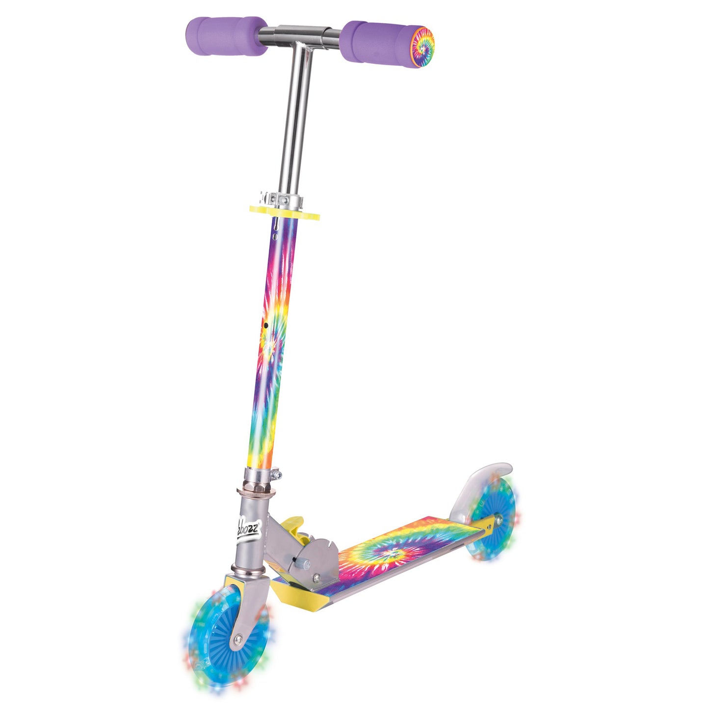 Tie-dye scooter with purple handles, rainbow-colored deck and wheels, yellow footrest, shown against plain background