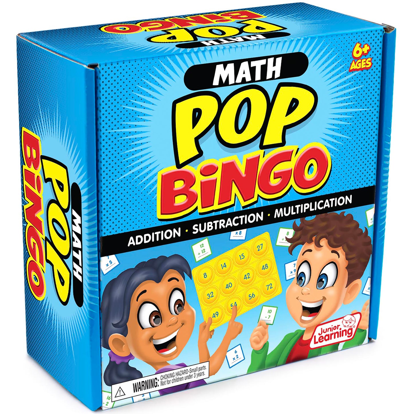 Math Pop Bingo educational game for ages 6+, featuring addition, subtraction, multiplication with colorful yellow bin...