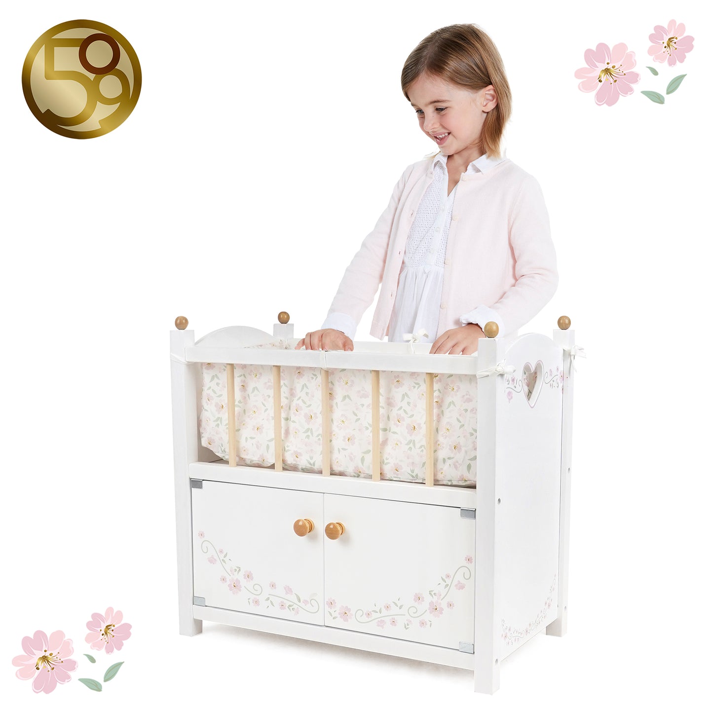 509 Crew Little Flora 2-in-1 wooden doll cabinet bed with white finish and pink floral design