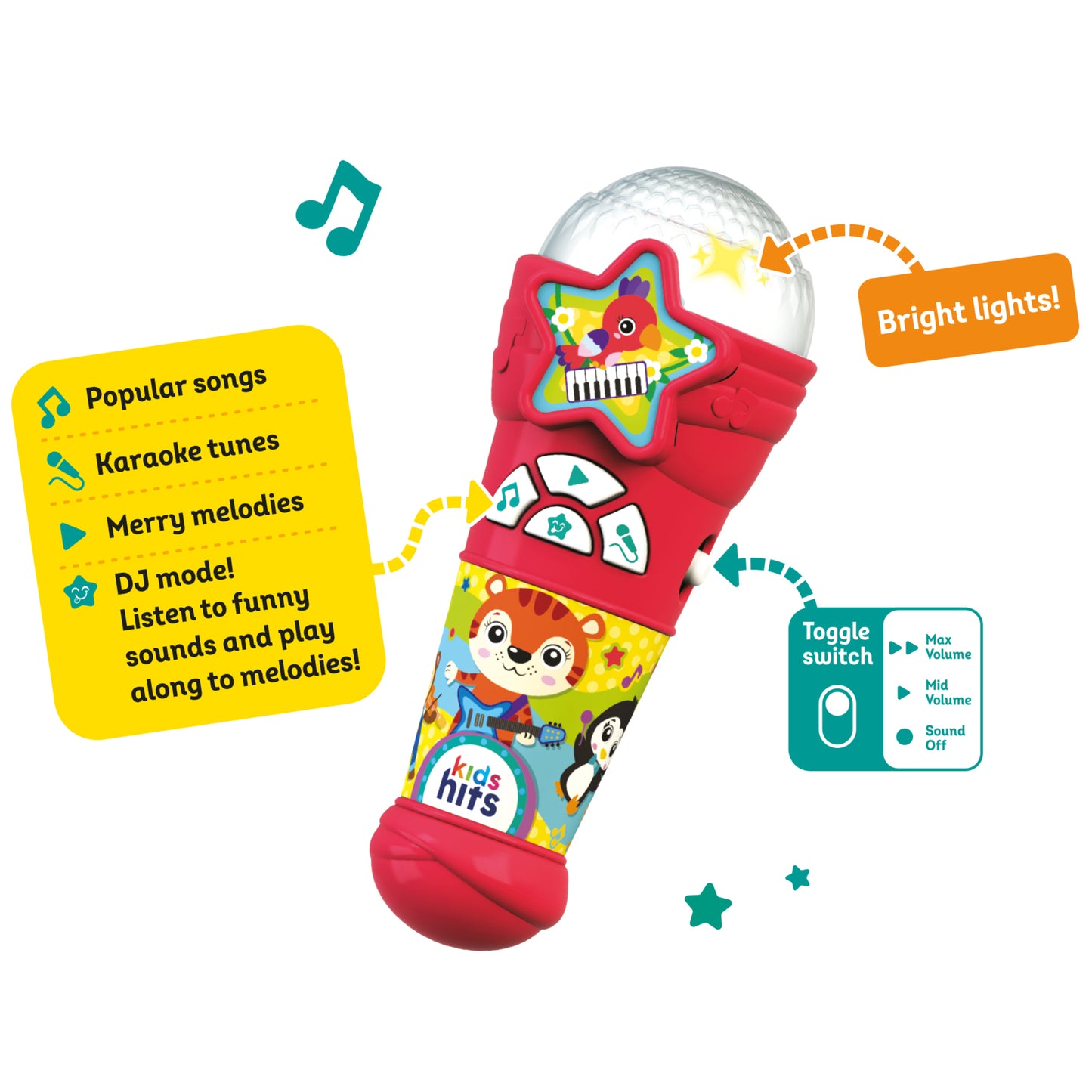 Kids Hits Light Show Microphone in red with bright lights, karaoke and DJ modes for toddlers