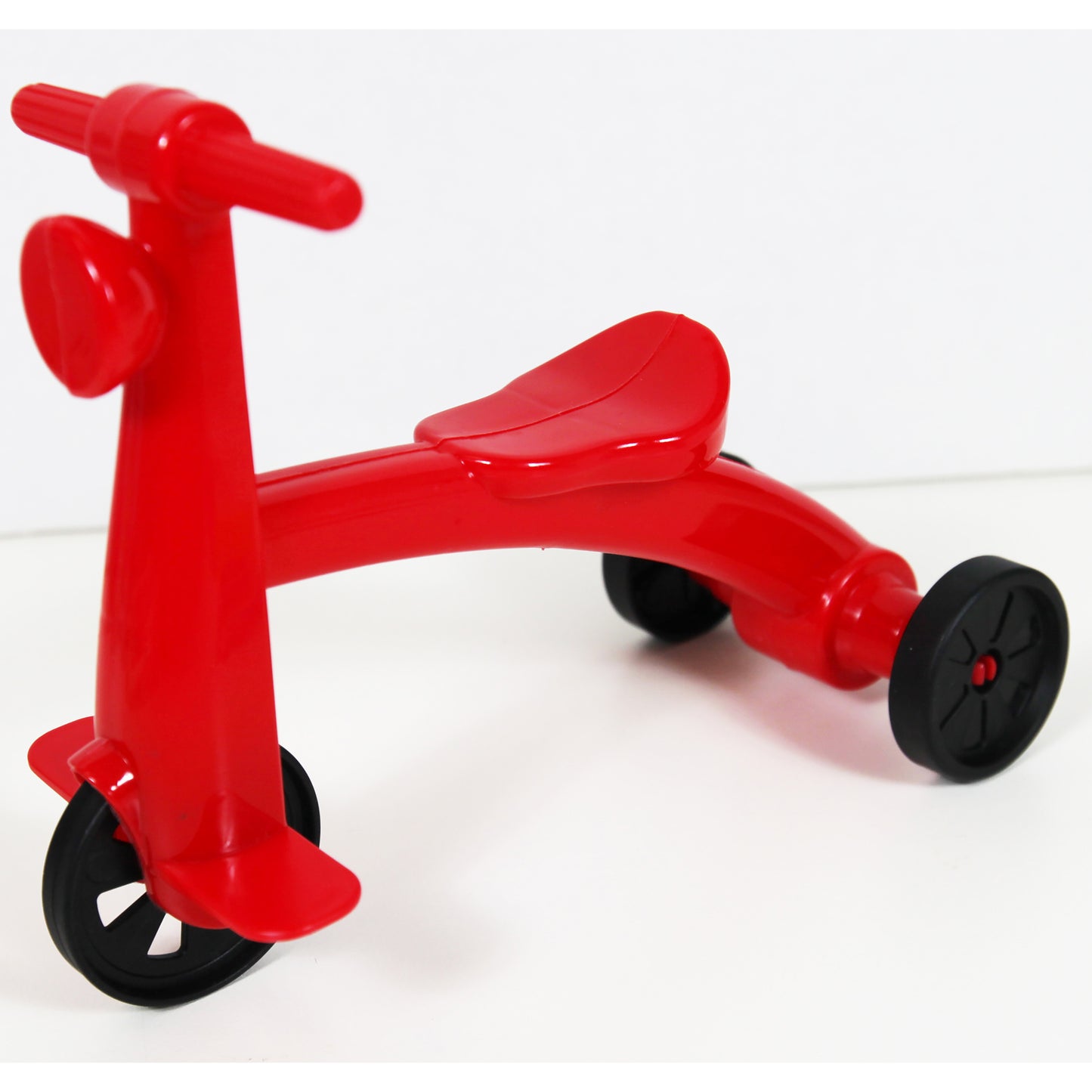 Red and black baby doll scooter toy with handlebar and seat
