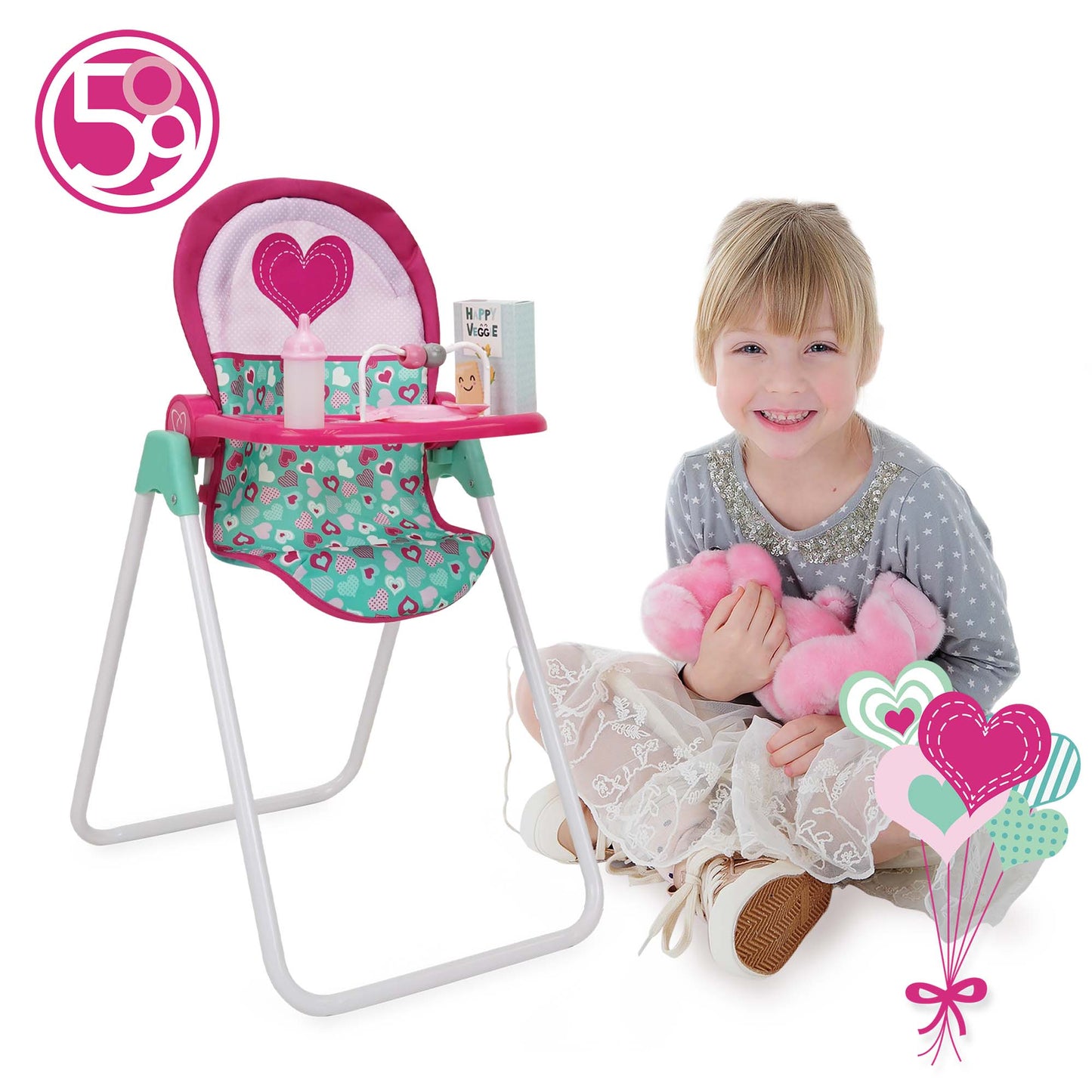 509 Crew Mint Heart Foodie Doll Highchair with pink and teal heart pattern