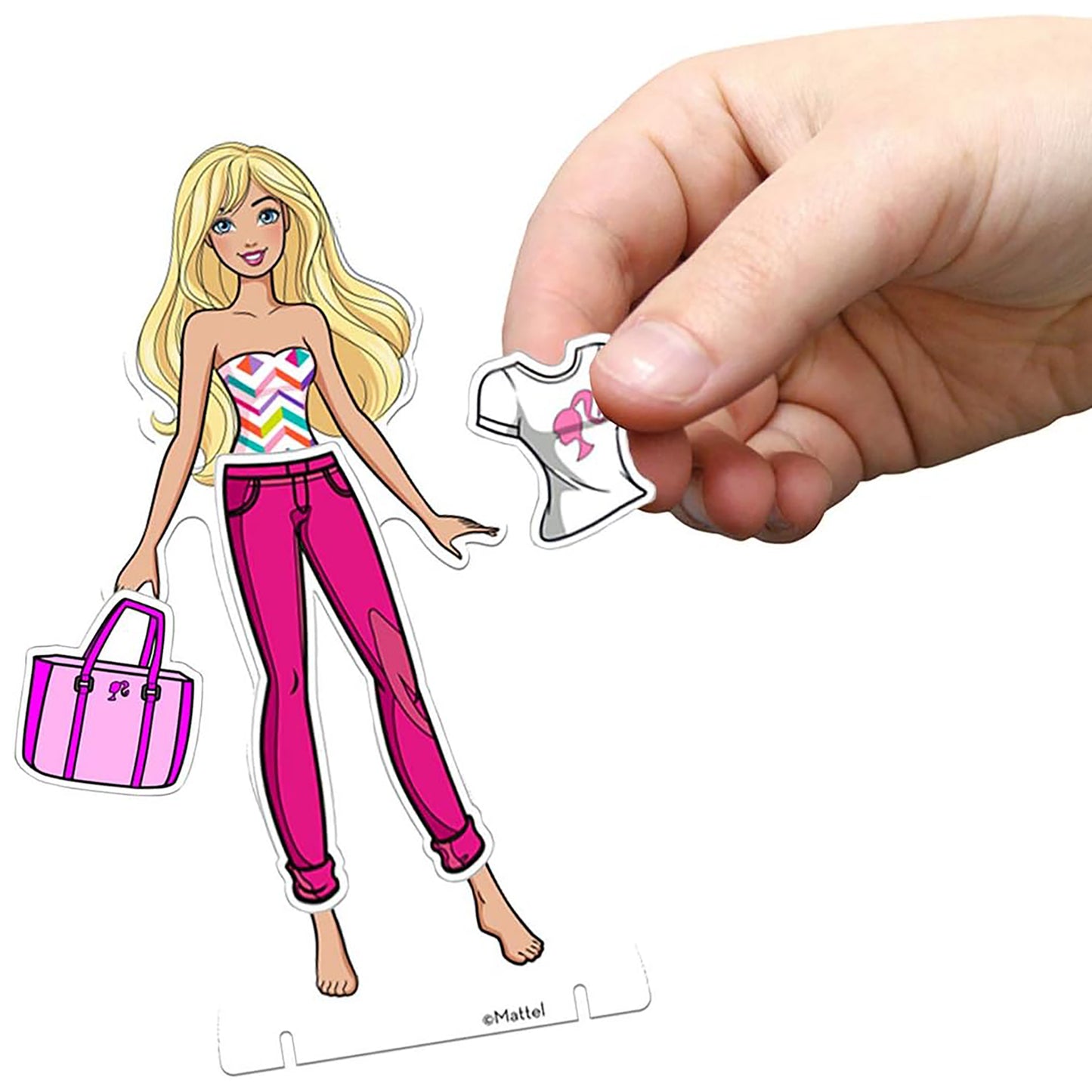 Barbie Fabric Fashions Paper Dolls with blonde doll, colorful outfit, and pink accessory bag