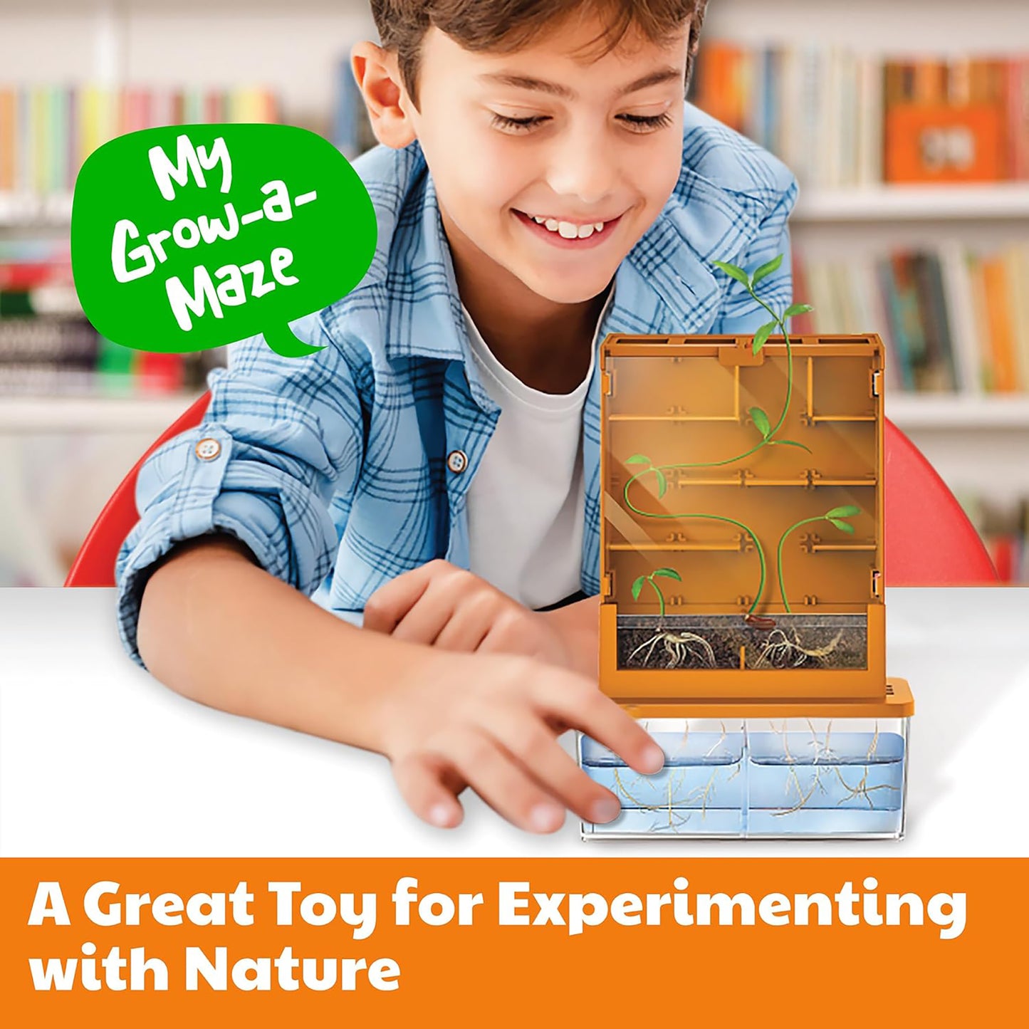 Green Science Grow-A-Maze toy with orange case showing plant roots and green vines growing through maze pathways