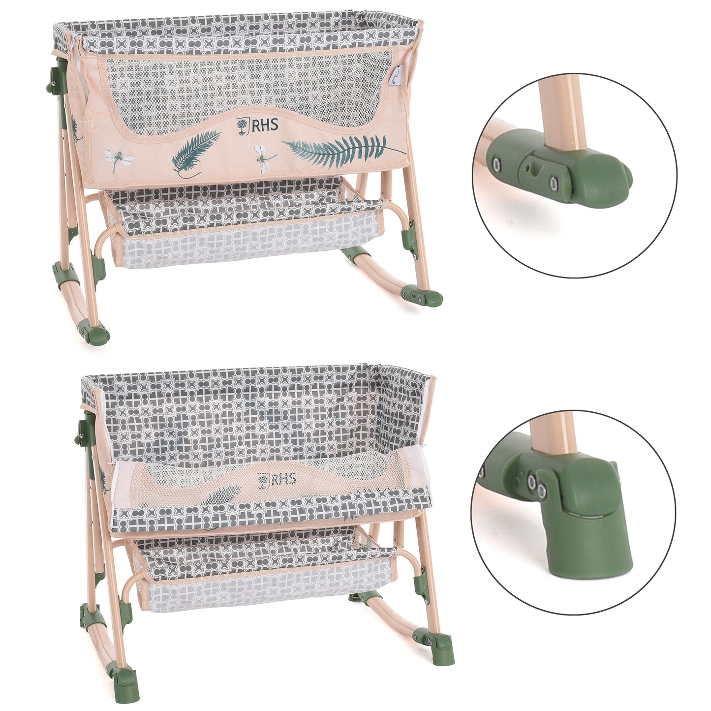 Roma RHS Bedside Crib Fern with green wheels and mesh sides, shown open and closed