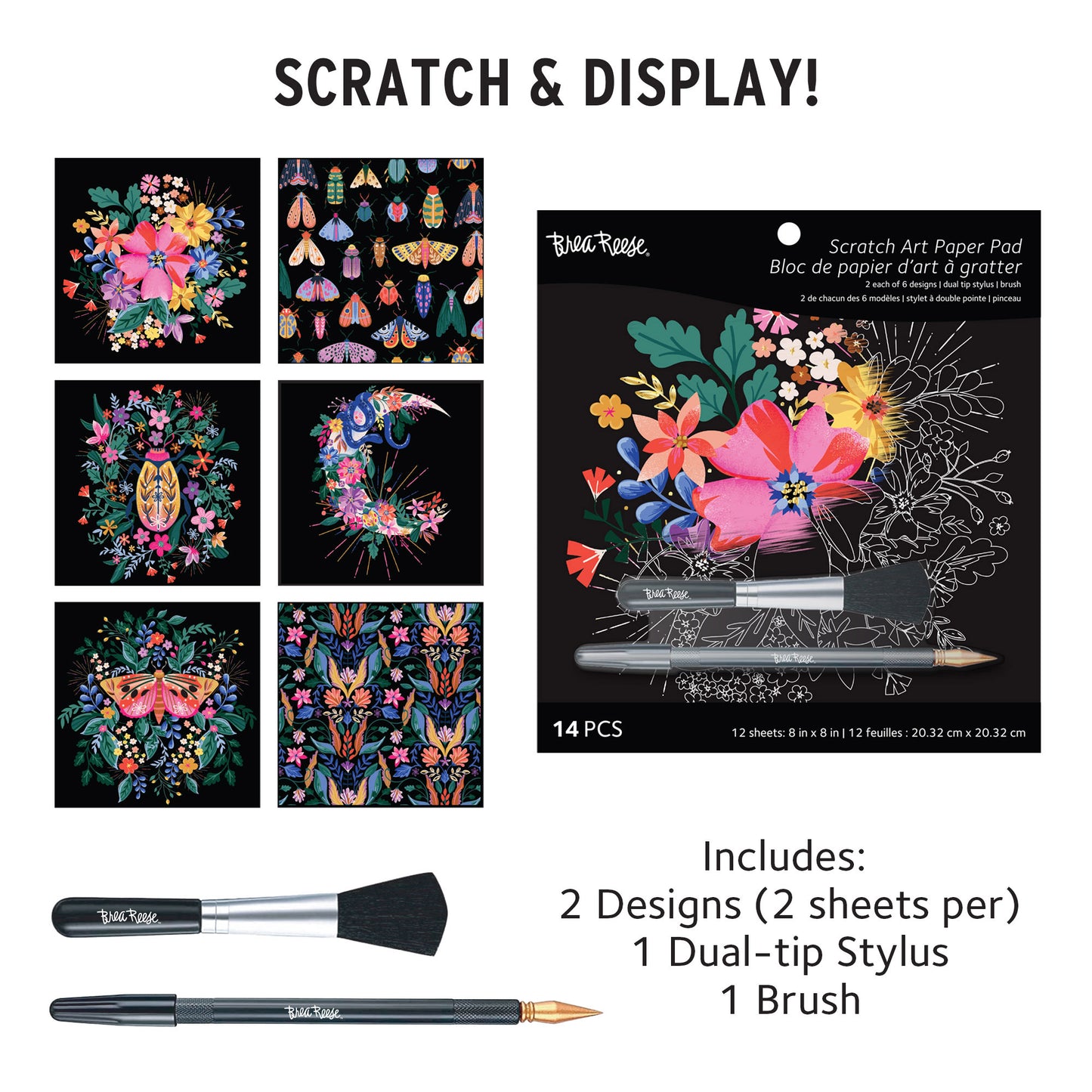 Bea Reese Scratch Art Paper Pad with colorful floral designs, dual-tip stylus, and brush
