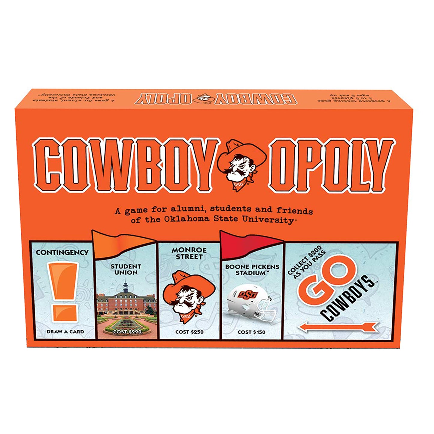 Cowboyopoly board game box featuring orange background with white lettering, cowboy mascot logo, and game spaces including Student Union, Monroe Street, Boone P