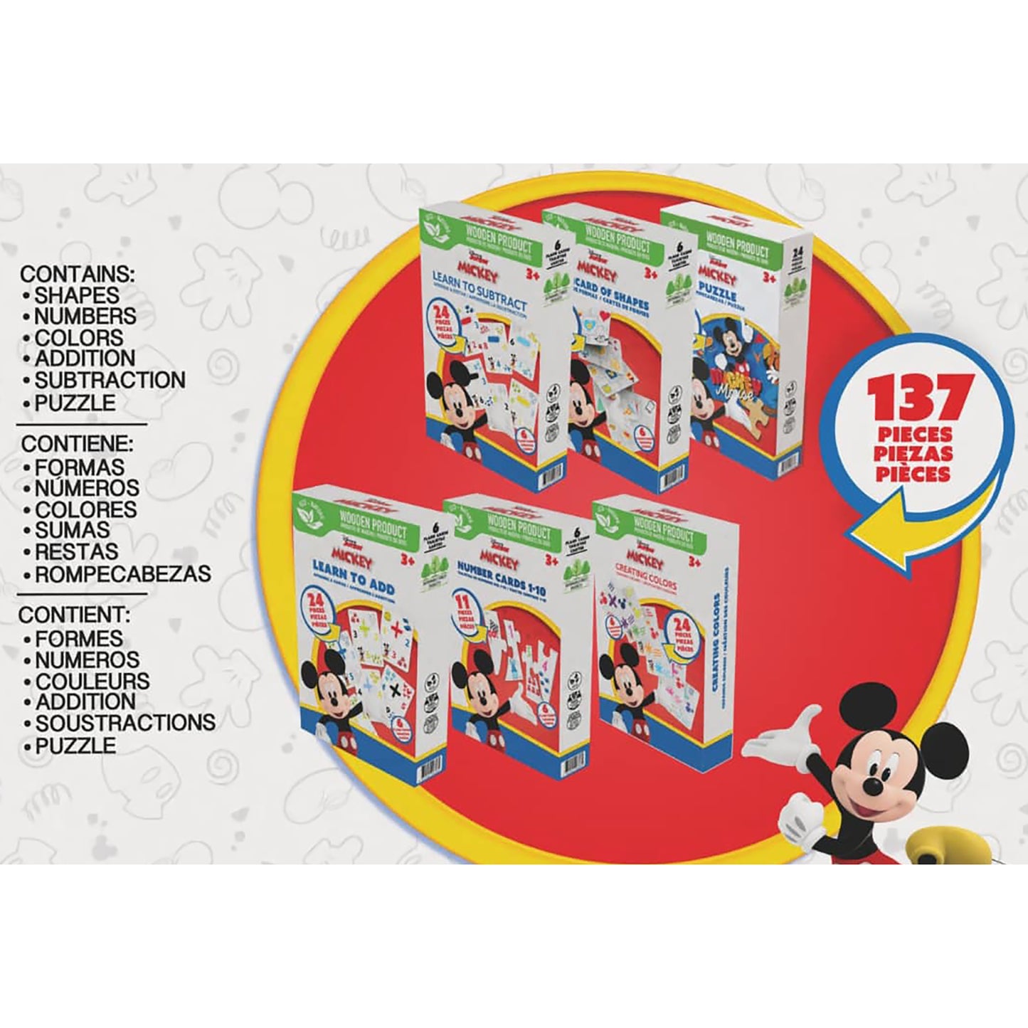Disney Mickey 6-Pack Learning Games Set with 137 puzzle pieces, featuring shapes, numbers, colors, addition and subtr...