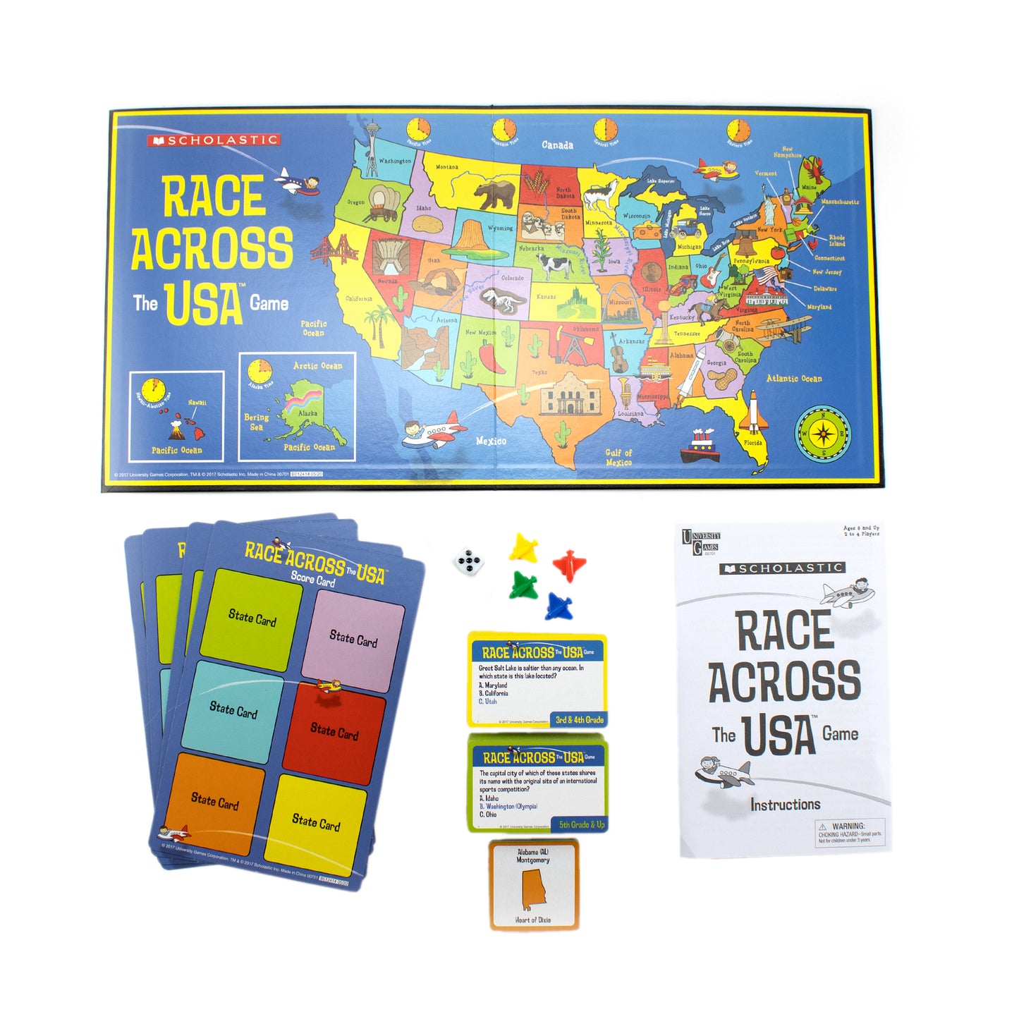 Scholastic Race Across the USA Game board with colorful state map, game cards, dice, and instruction manual
