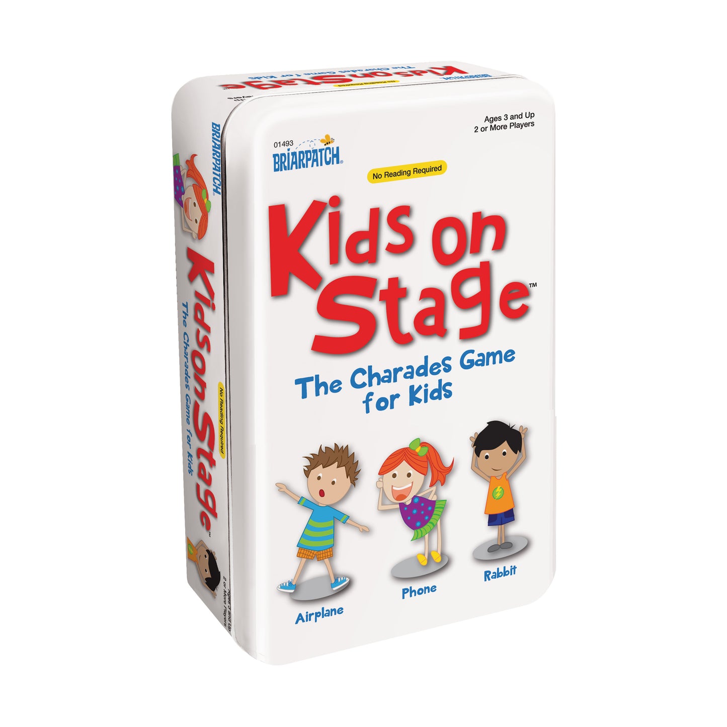 Kids on Stage The Charades Game for Kids board game box by Briarpatch, featuring illustrated children demonstrating airplane, phone, and rabbit character poses