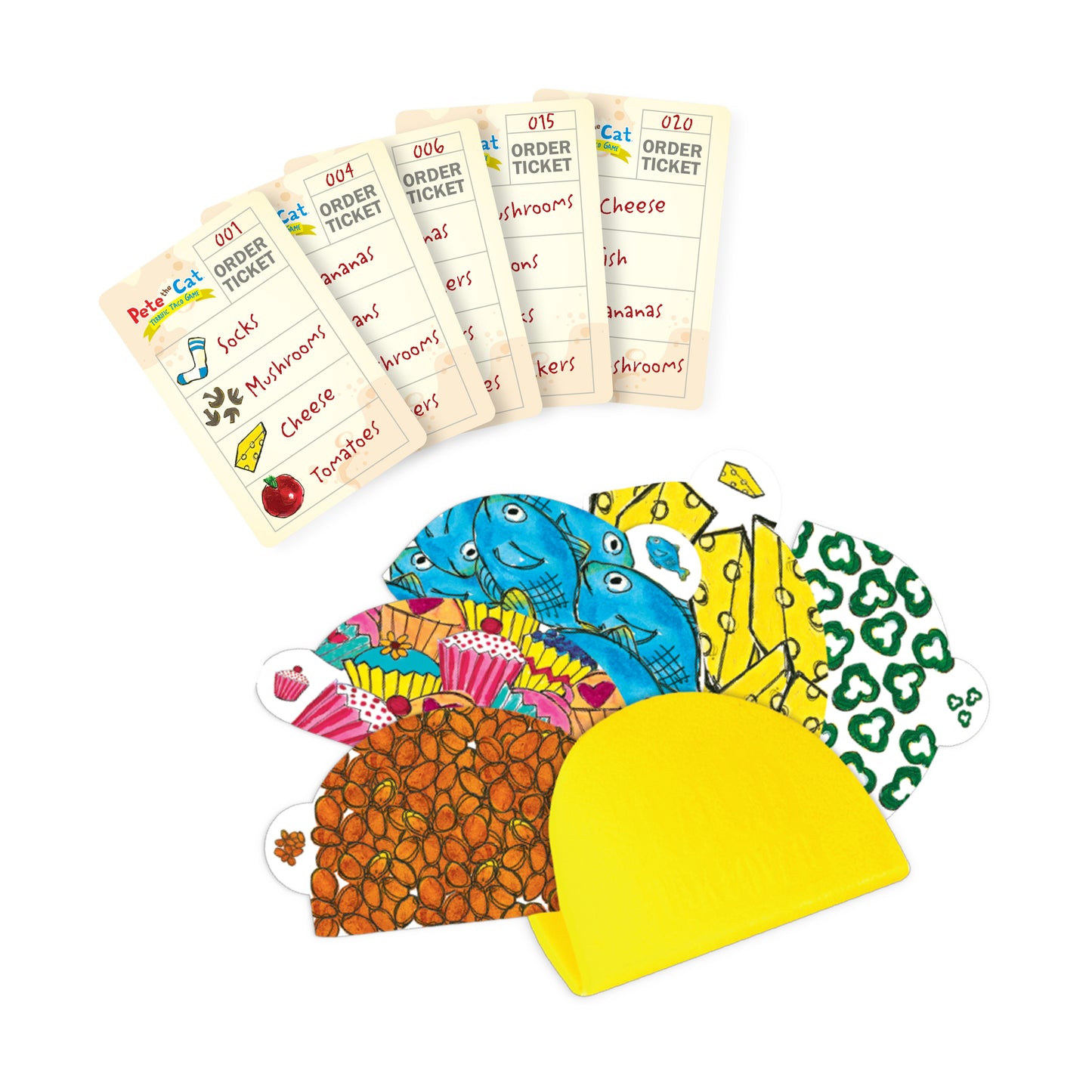 Pete the Cat Terrific Taco Game with colorful order tickets and taco-shaped cards