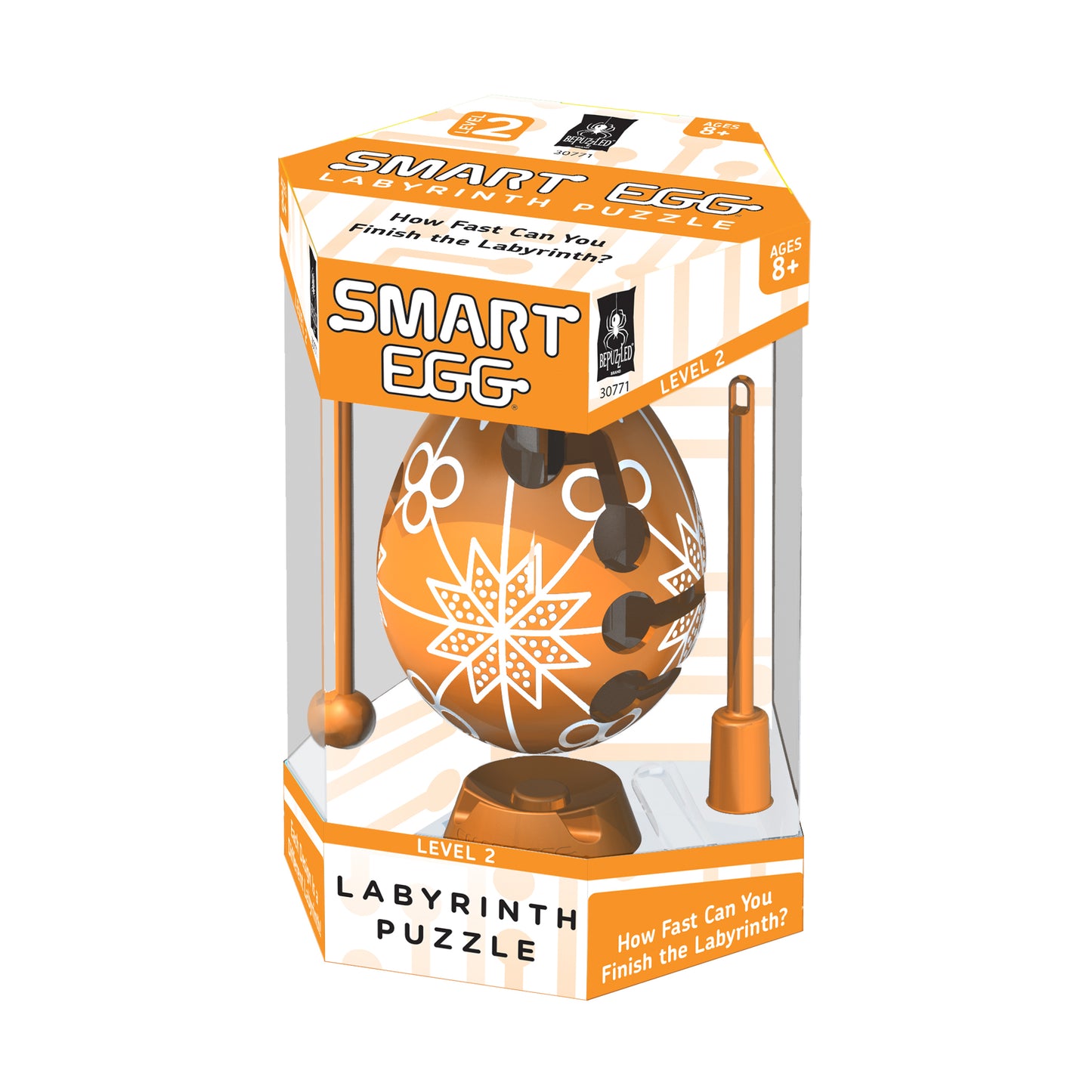 Smart Egg Level 2 Labyrinth Puzzle in orange with white geometric patterns, shown in retail packaging with two orange stylus tools