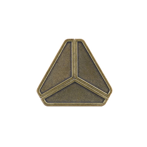Hanayama Level 3 Cast Puzzle - Delta, a bronze-colored metal brainteaser with three interlocking triangular sections forming a geometric shape