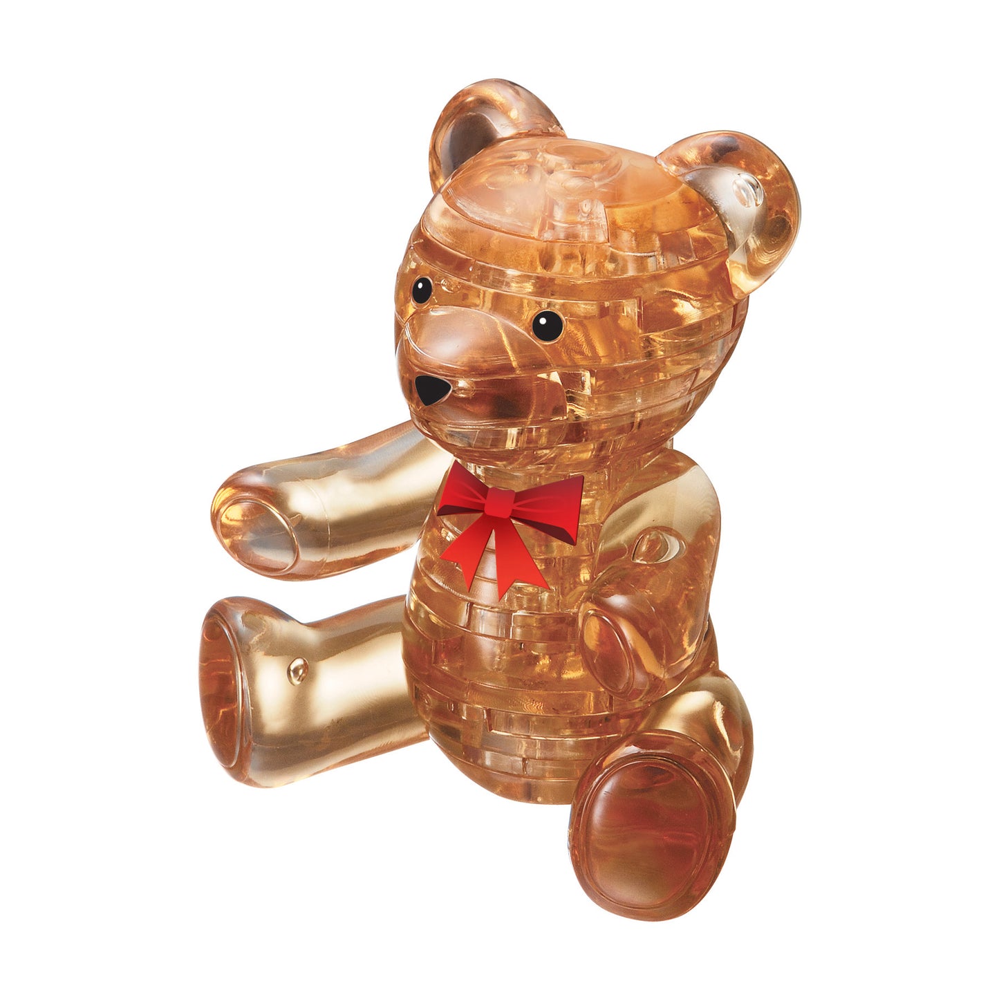 Gold transparent 3D crystal puzzle teddy bear with red bow, sitting pose on plain background