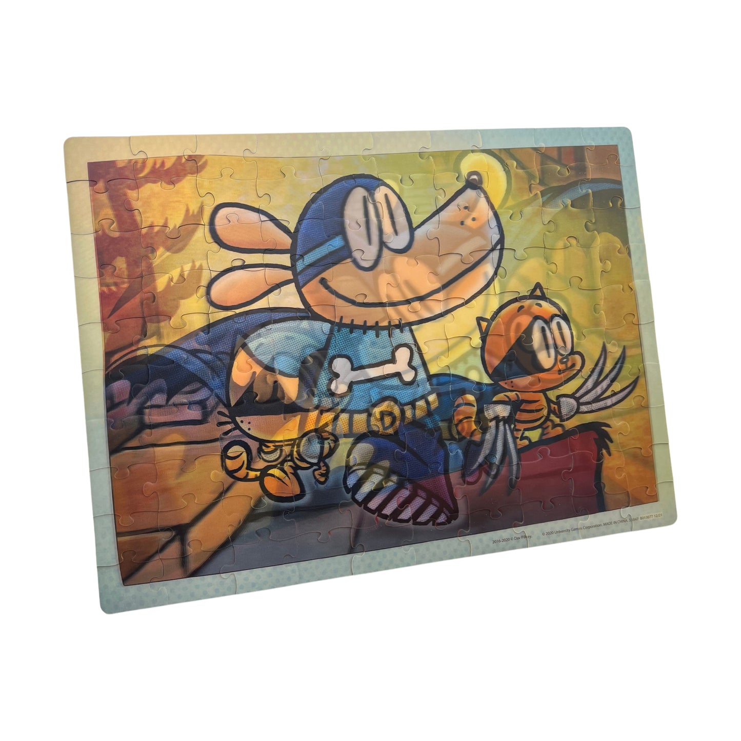 Dog Man Adventures 100-piece lenticular jigsaw puzzle featuring colorful cartoon characters