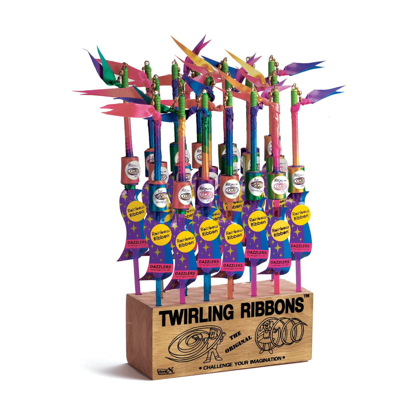 Twirling Ribbons display with multiple colorful ribbon wands in wooden base, featuring green handles, rainbow-colored ribbons, and yellow "Rainbow Ribbon" label