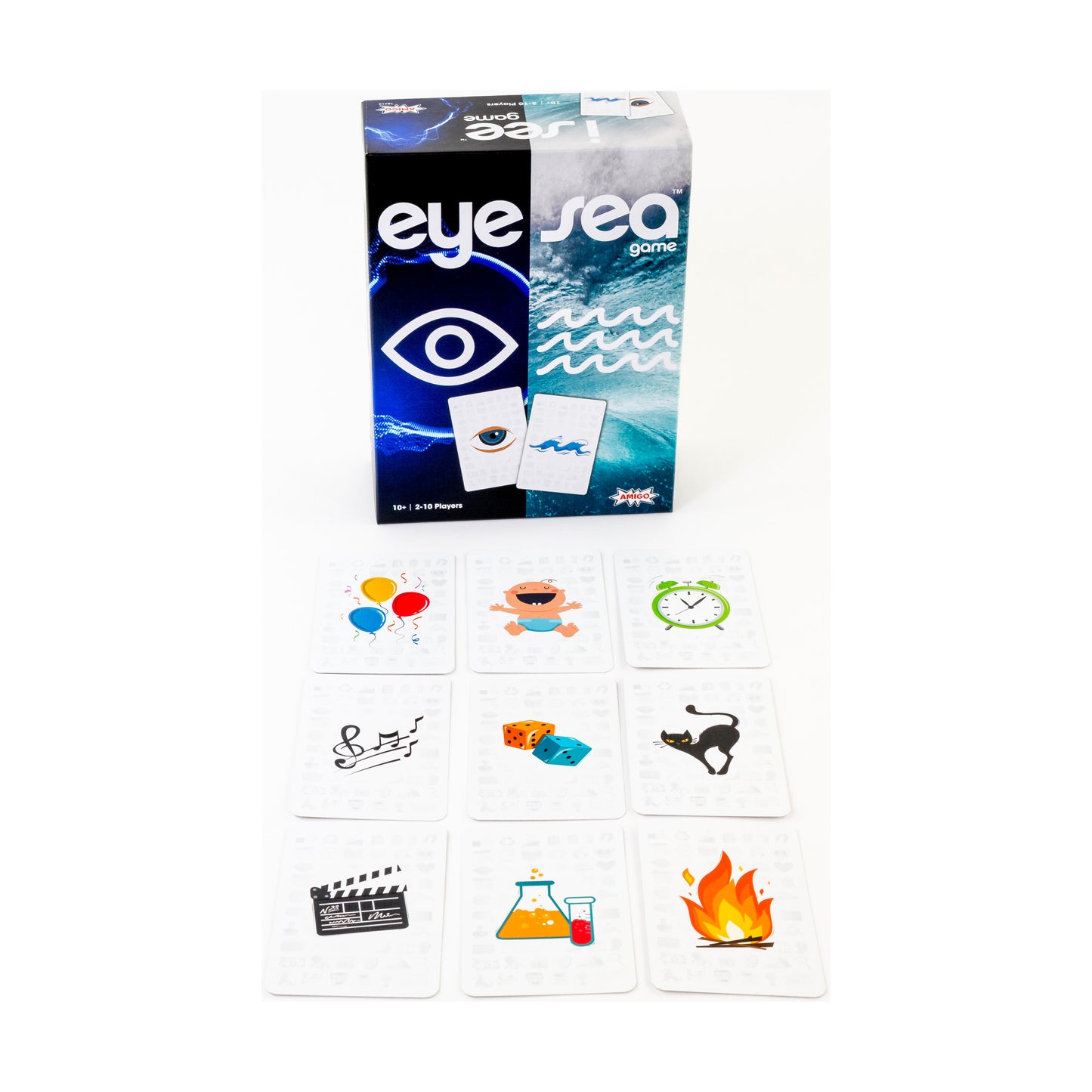 Eye Sea Game card matching game with colorful illustrated cards including balloons, clock, music notes, and fire