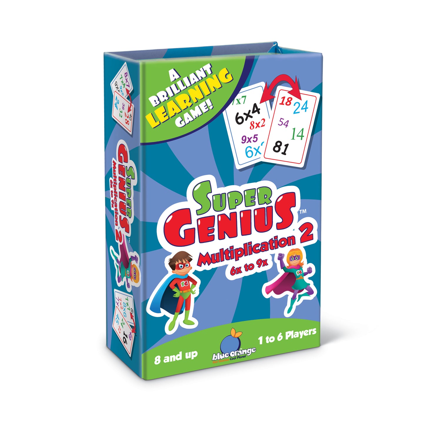 Super Genius Multiplication 2 board game box featuring math cards and colorful characters for ages 8+