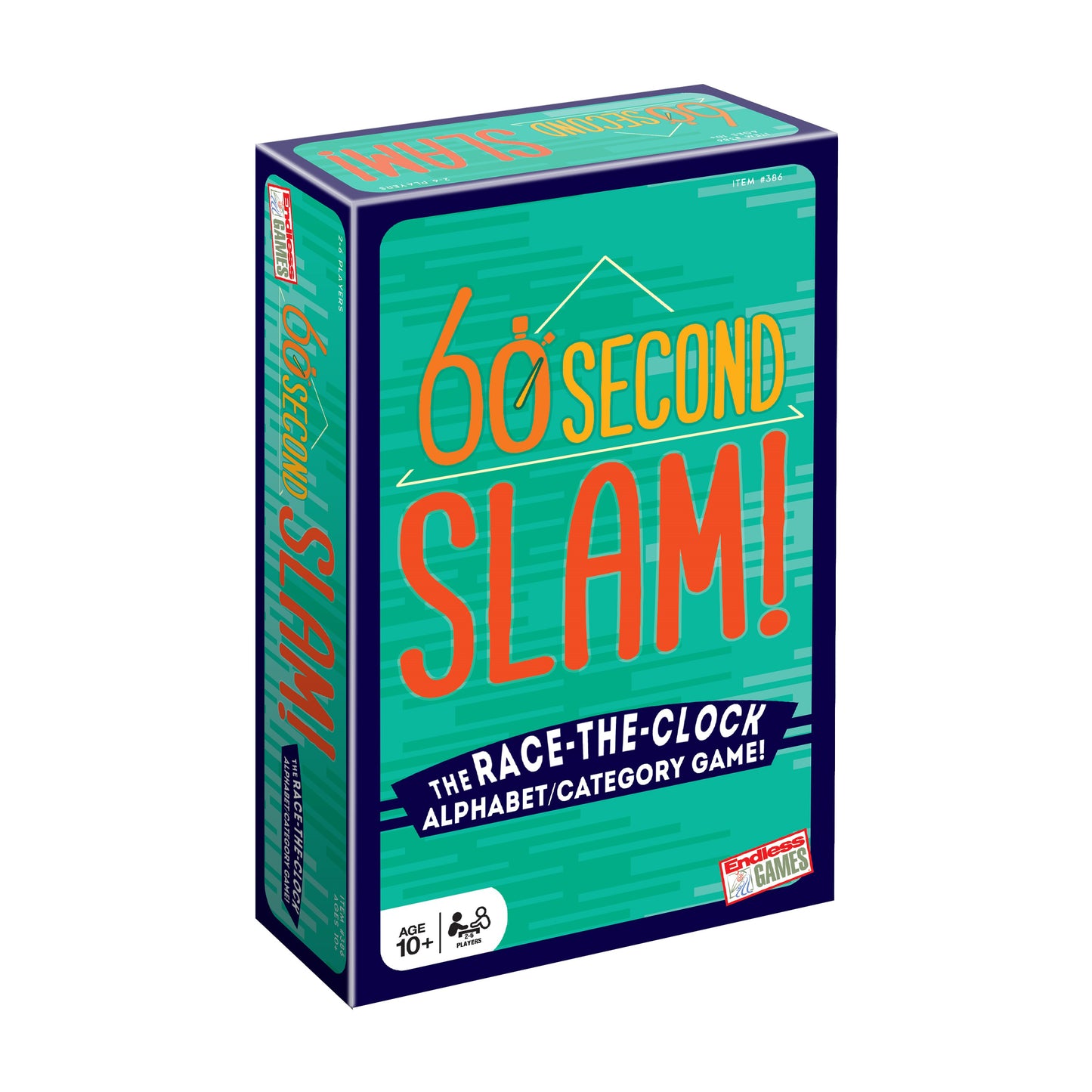 60 Second Slam board game box with teal background, orange text, and navy blue borders showing race-the-clock alphabet category game for ages 10+
