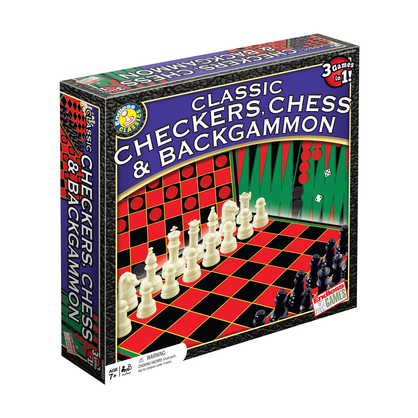 Classic Checkers, Chess & Backgammon board game set with red and black checkerboard, white and black chess pieces, and green backgammon board, 3 games in 1