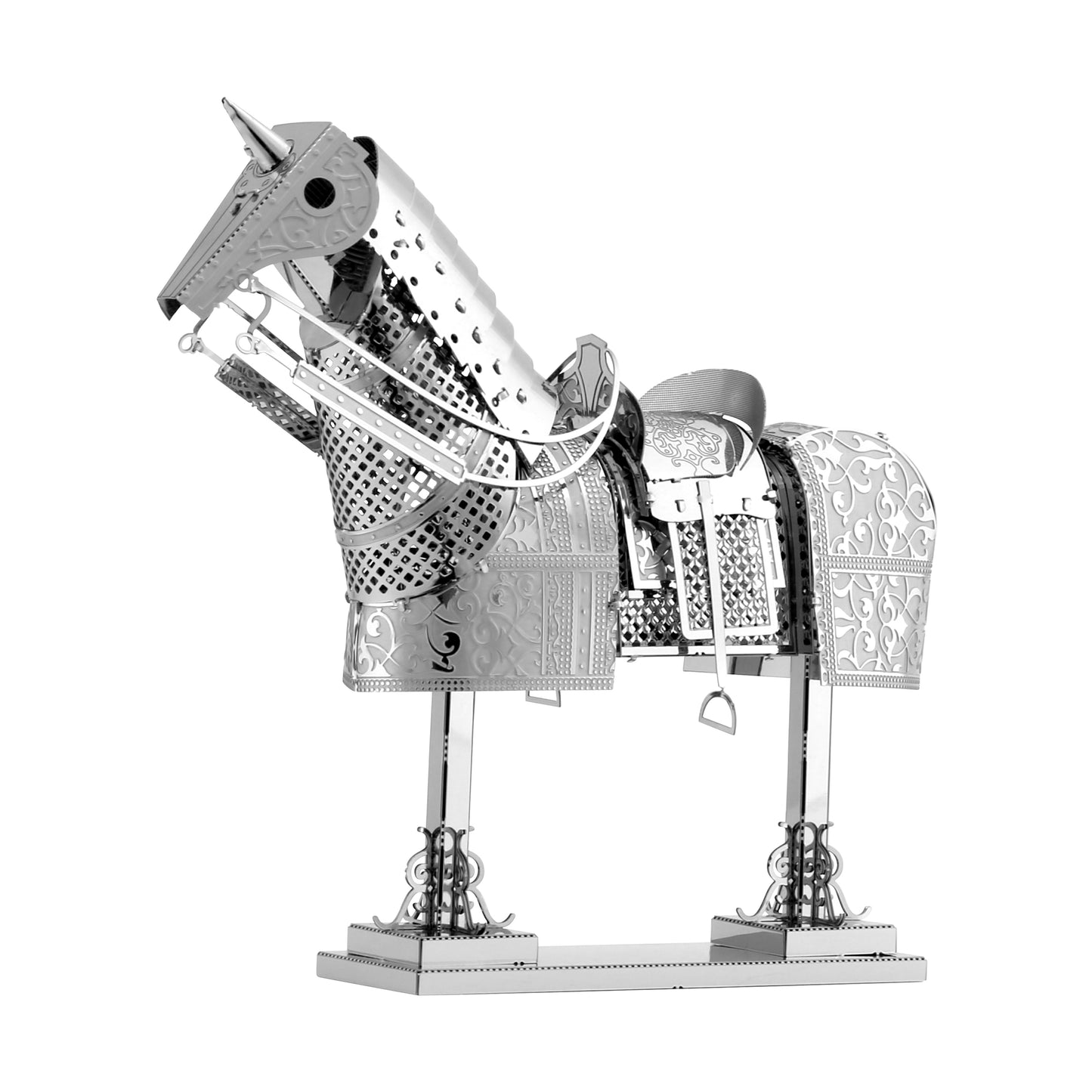 Metal Earth 3D Horse Armor Model Kit featuring a silver metallic horse with ornate samurai-style armor plating, saddle, and stirrups on a stand