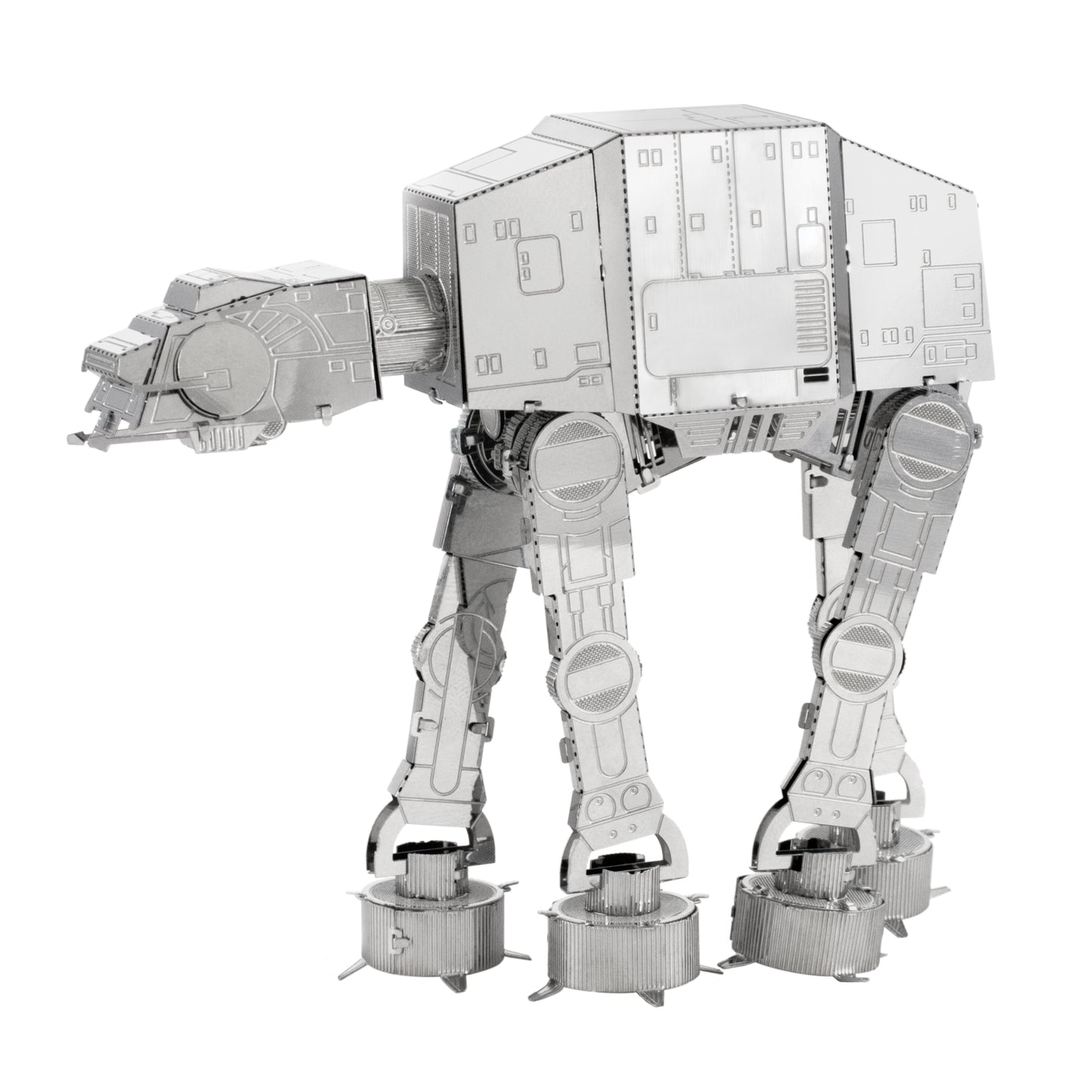 Metal Earth 3D Model Kit Star Wars AT-AT walker, silver metal assembly shown fully constructed on plain background