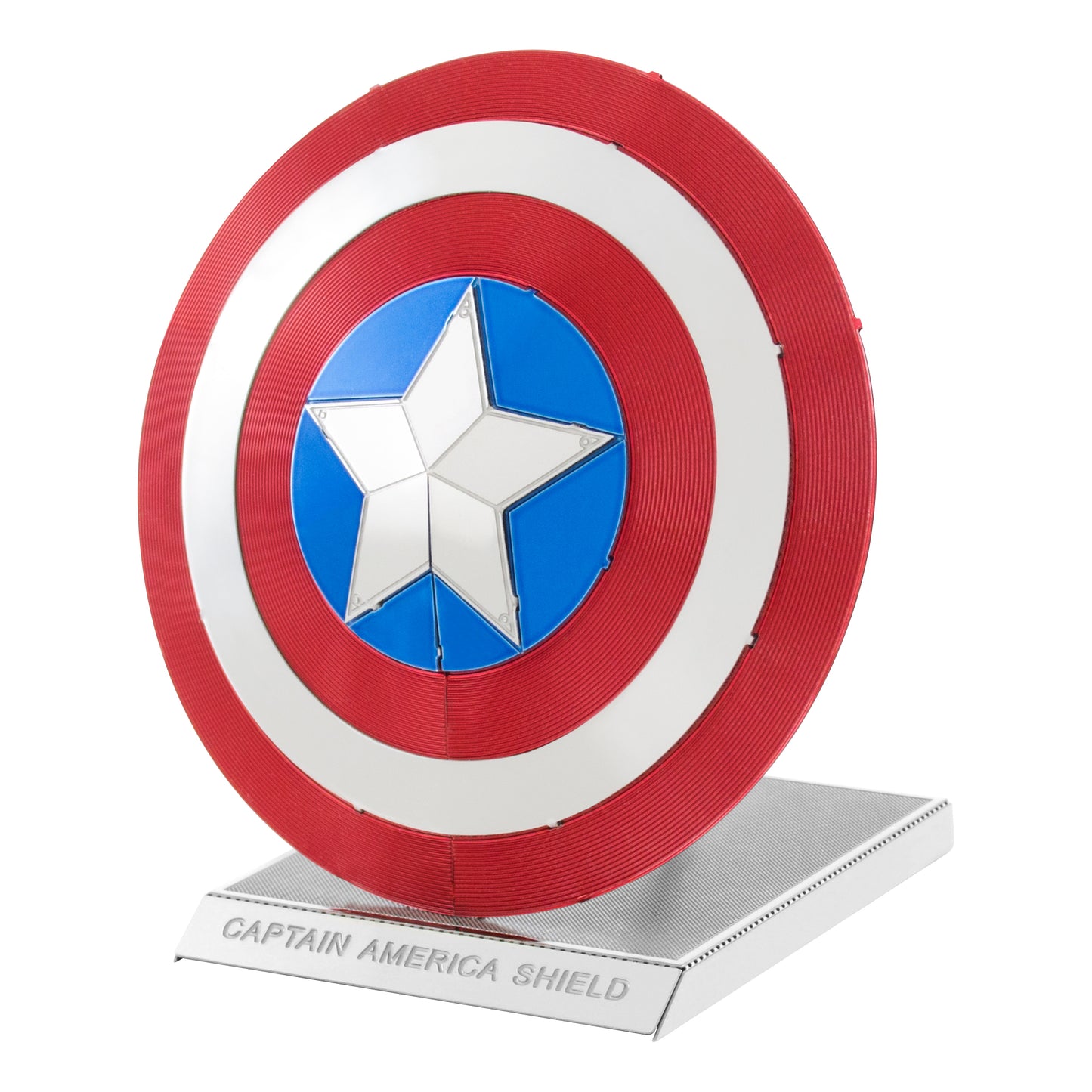 Captain America's Shield 3D metal model kit with red, white, and blue concentric circles and white star center on display stand