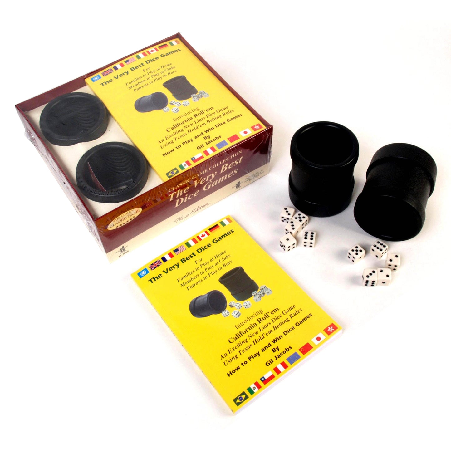 Ultimate Dice Master Game Set with two black dice cups, white and black dice, and instruction booklet for over 100 dice games