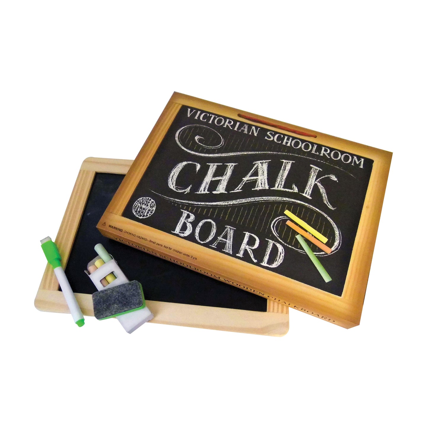 Victorian Schoolroom Chalk Board with wooden frame, black surface, chalk and eraser included, on plain background