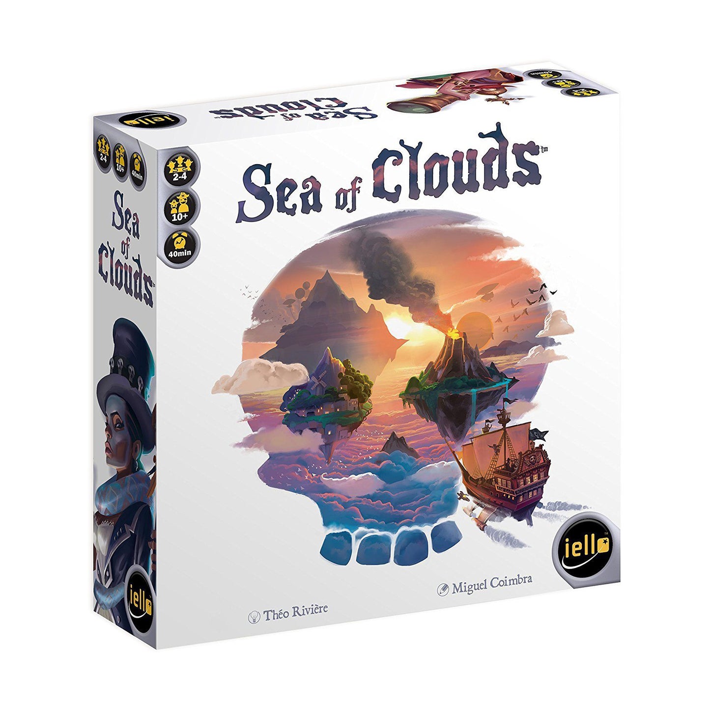 Sea of Clouds board game box showing fantastical floating islands, airship, and sunset sky scene with game duration and player count icons