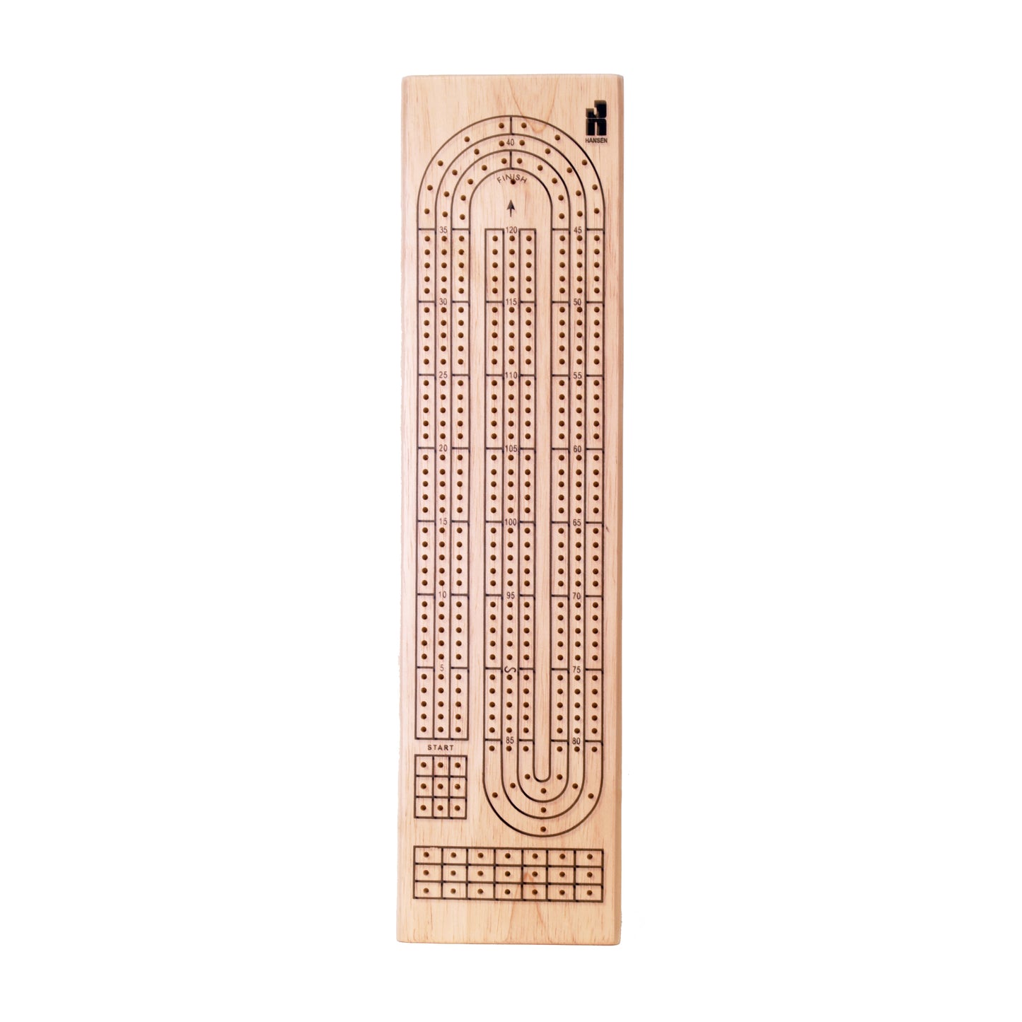 Wooden cribbage board with three parallel tracks of pegged holes, arched design at top, start and finish markers, and scoring sections at bottom