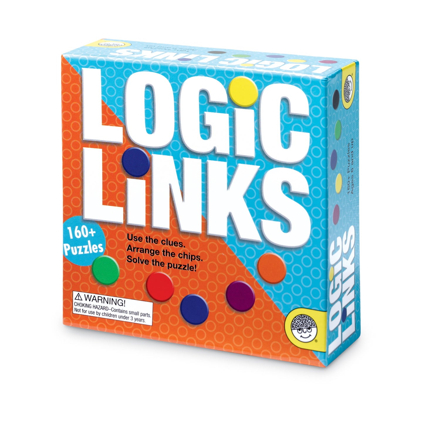 Logic Links puzzle game box with 160+ puzzles, colorful chips, and blue orange packaging