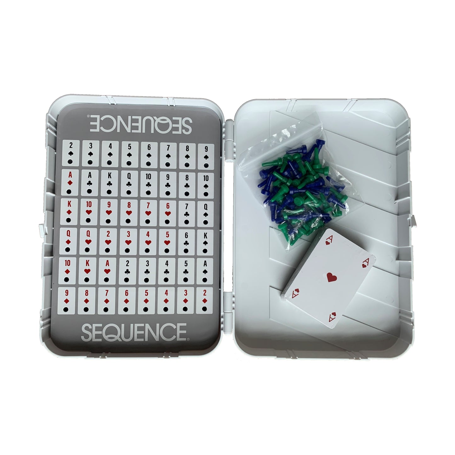 Sequence Travel Edition Strategy Game open case showing game board, playing cards, and blue-green chips