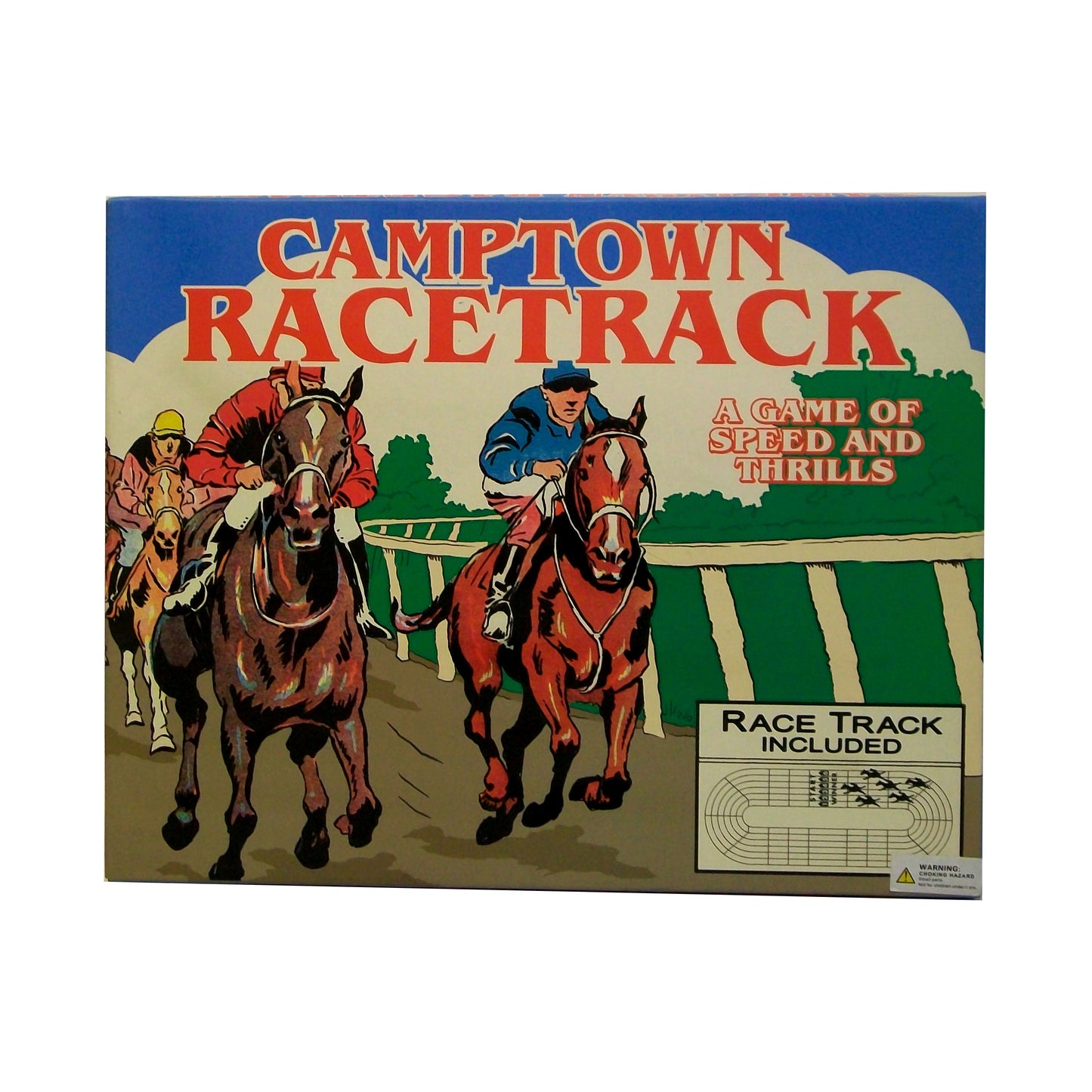 Camptown Racetrack board game box showing illustrated jockeys racing horses with text 'A Game of Speed and Thrills' and race track included