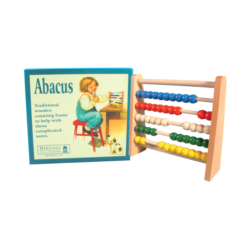 Wooden abacus with natural frame and six rows of beads in blue, red, white, green, and yellow, displayed next to teal product box labeled Abacus