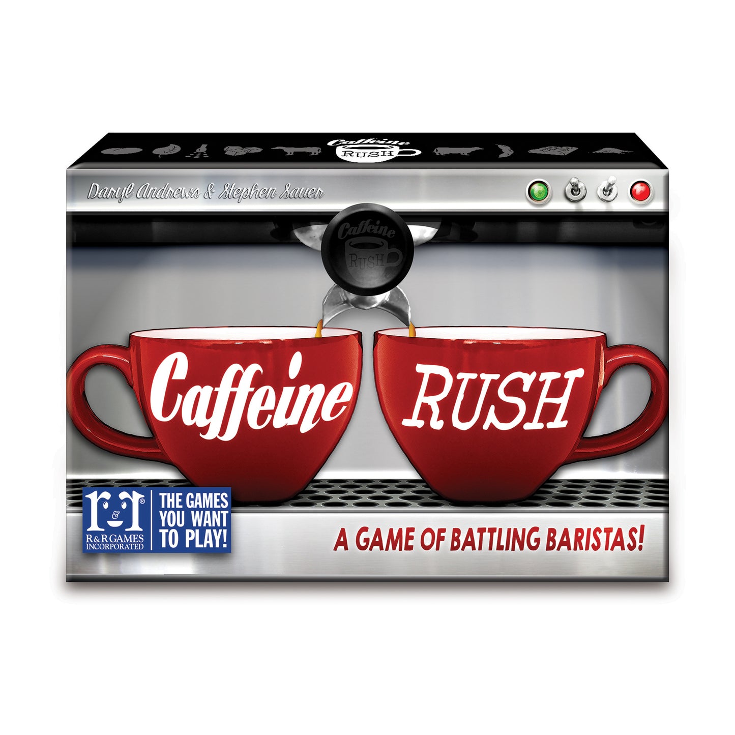 Caffeine Rush board game box featuring two red coffee mugs labeled 'Caffeine' and 'Rush' with a black coffee maker on top, tagline 'A Game of Battling Baristas'