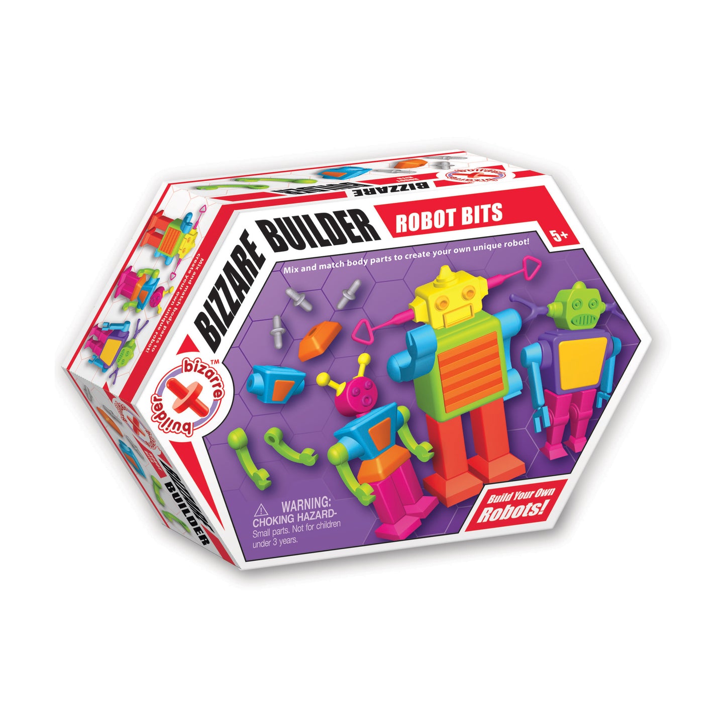 Bizarre Builder Robot Bits construction kit box with colorful plastic robot parts in bright yellow, green, orange, pink, and blue on purple background
