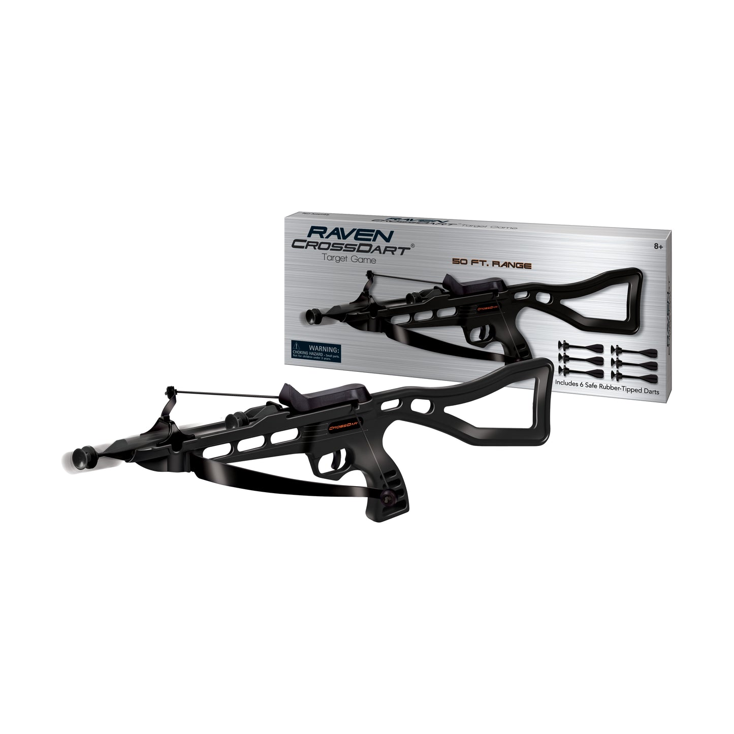 Raven CrossDart Target Game, black crossbow-style dart blaster with safe rubber-tipped darts and packaging shown on white background