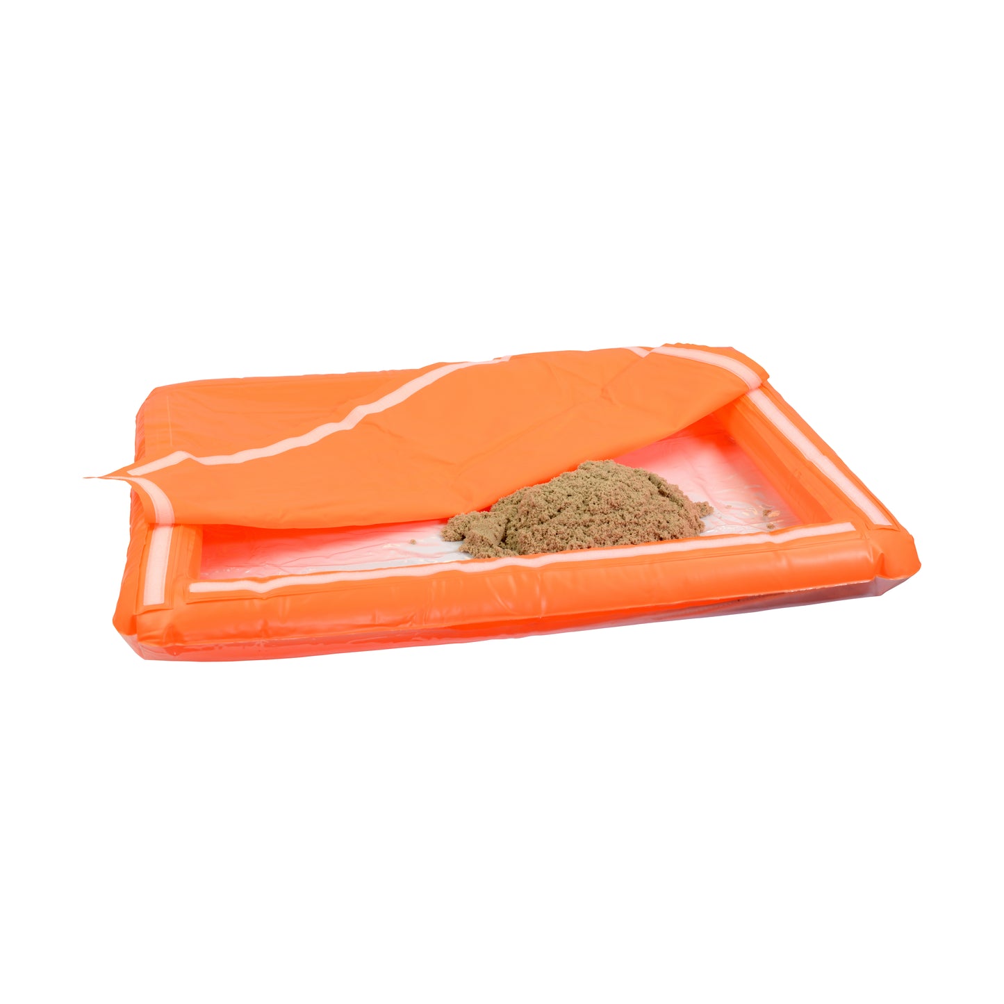 Orange inflatable play tray with kinetic sand pile inside, featuring a clear plastic window and fabric cover