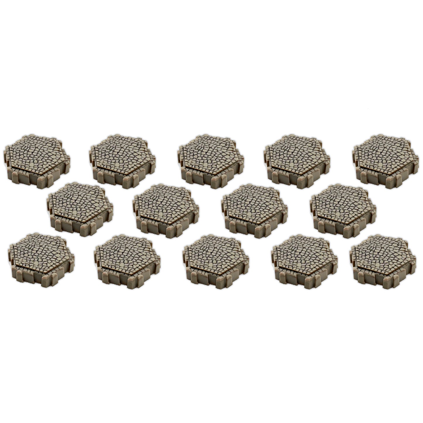 Heroscape Roads of Valhalla terrain expansion pack showing 14 hexagonal stone road tiles with tan and gray coloring