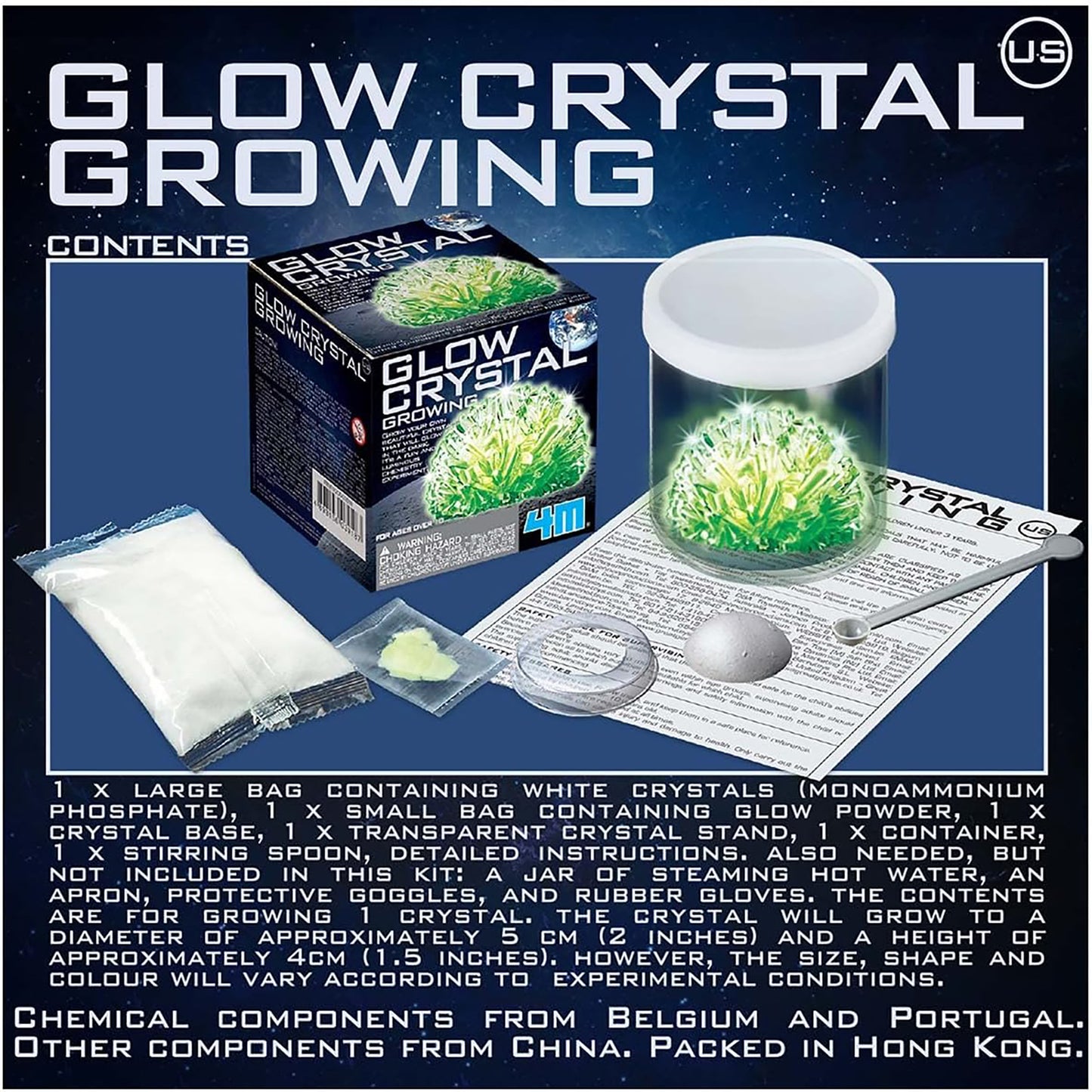 Glow Crystal Growing kit with glowing green crystal dome and white crystal powder
