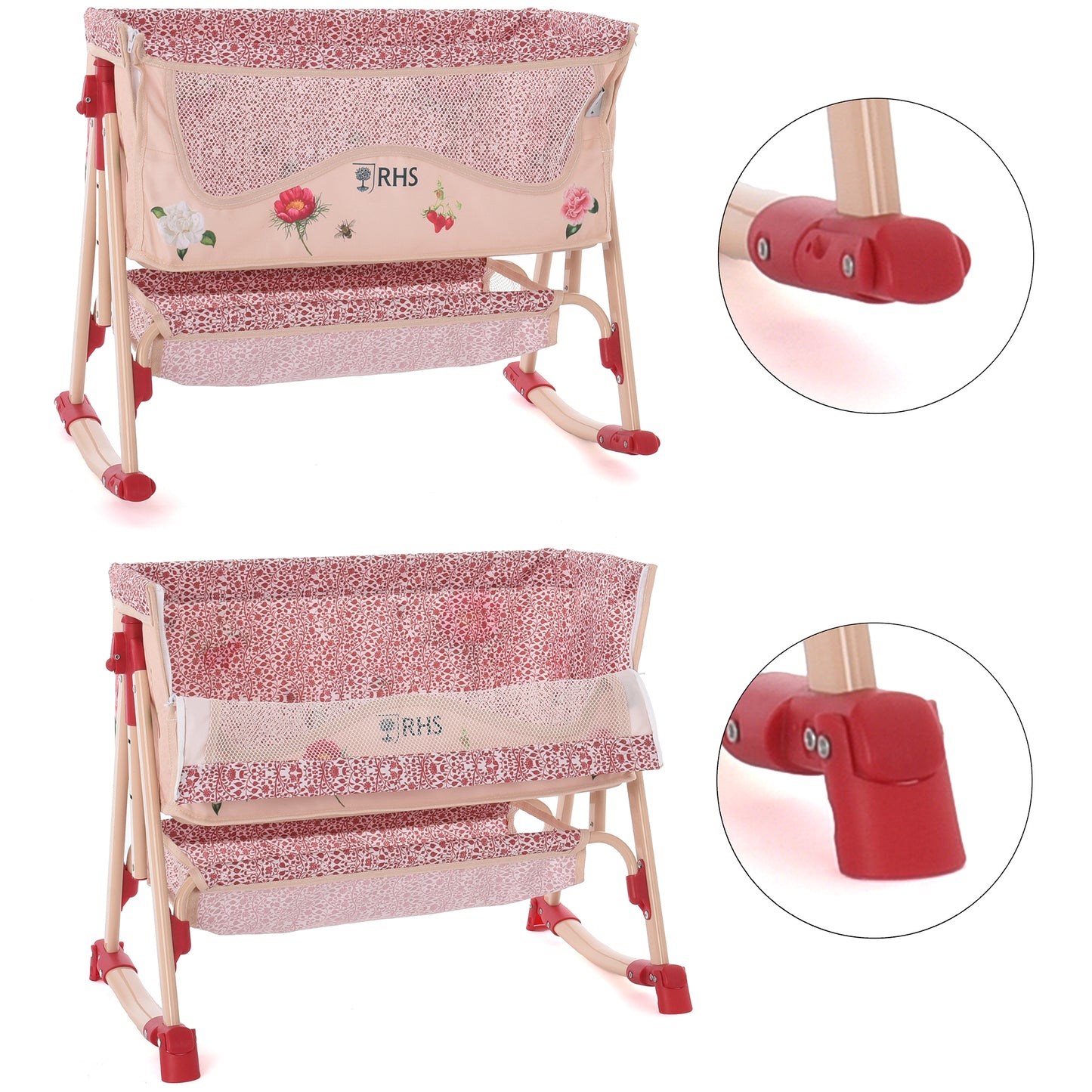 Roma RHS Bedside Crib Flora in pink with floral design and red wheels
