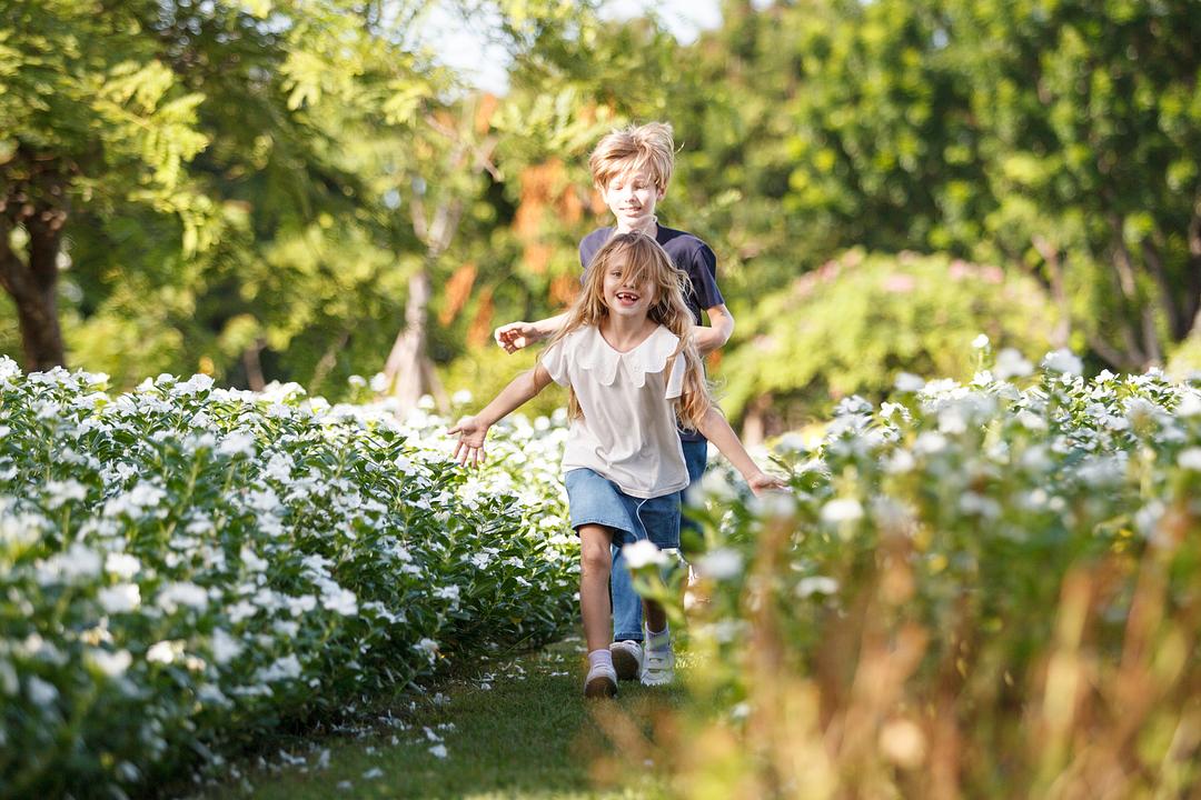 Two children running through a garden path lined with white flowering shrubs and trees on a sunny day