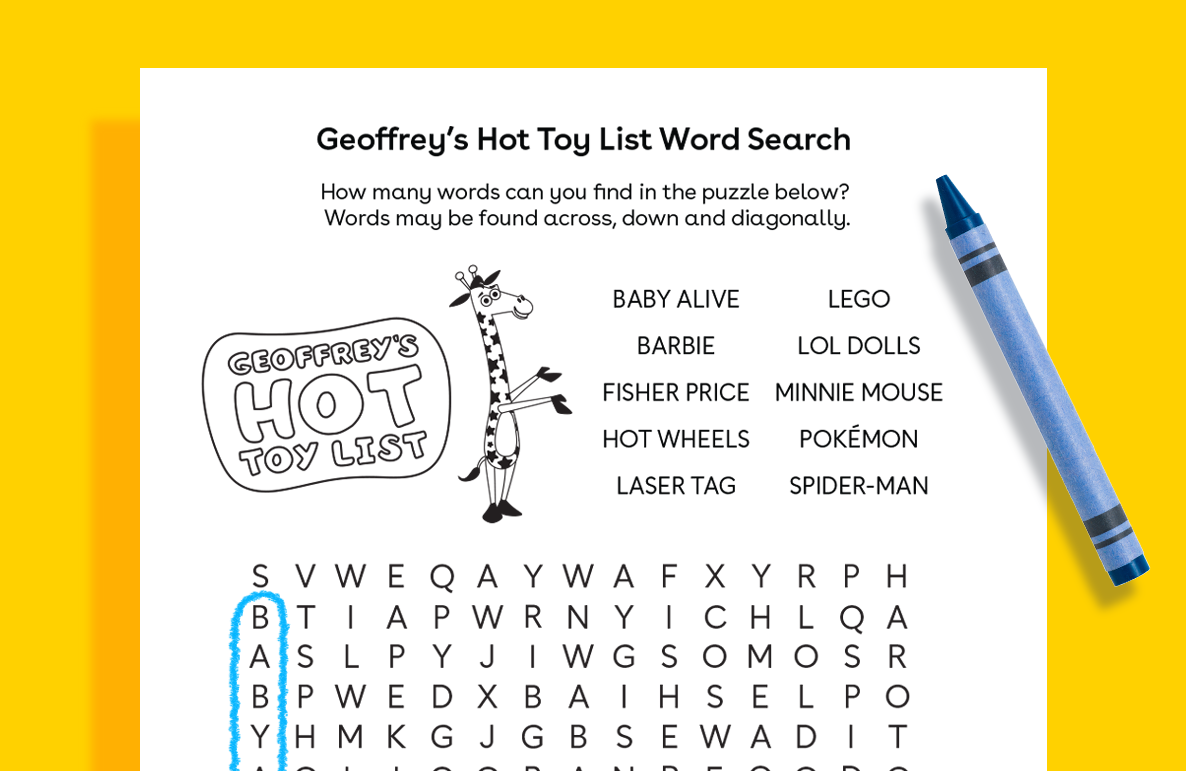 Geoffrey's Hot Toy List Word Search puzzle with toy brand names to find, illustrated giraffe mascot, and blue crayon on yellow background