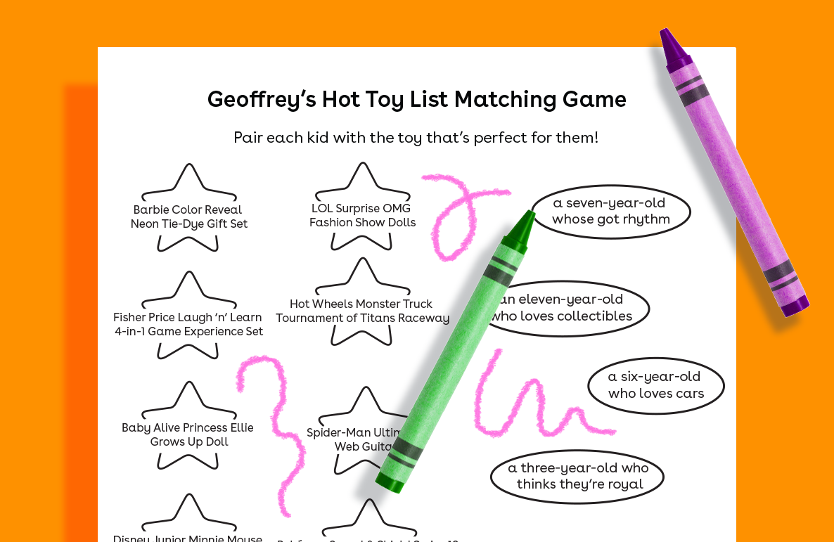 Geoffrey's Hot Toy List Matching Game printable worksheet with toy names in stars on the left, child age descriptions in speech bubbles on the right, and a purp