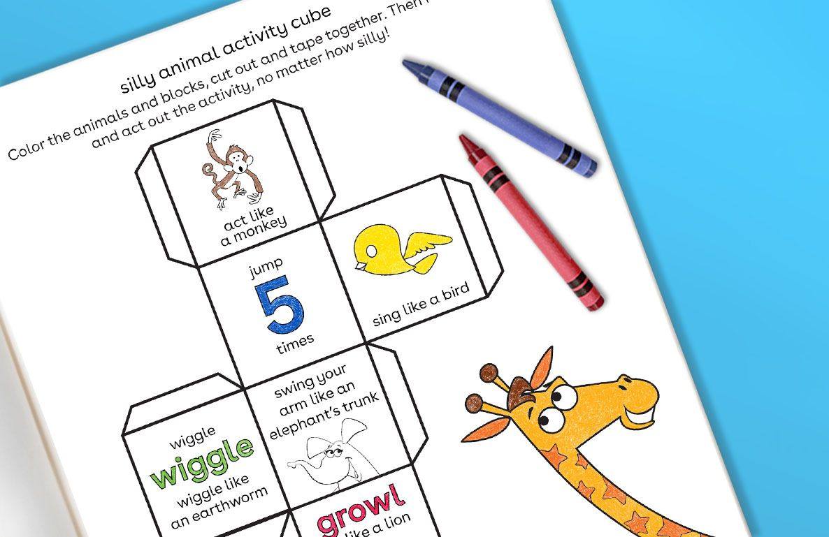 Printable activity cube page with animal-themed coloring instructions and illustrations, including a monkey, bird, elephant, earthworm, and giraffe, shown with