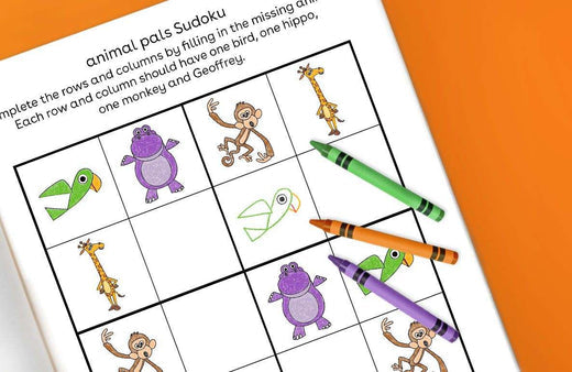 Animal Pals Sudoku puzzle printable with colorful animal illustrations including a parrot, turtle, monkey, and giraffe in a grid layout with crayons