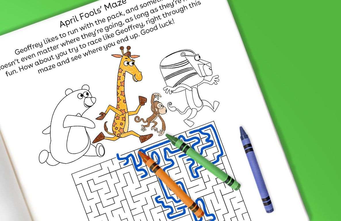 April Fools' Maze activity page with illustrated animals (bear, giraffe, monkey, robot) and a blue-and-white maze puzzle, colored with crayons on green backgrou