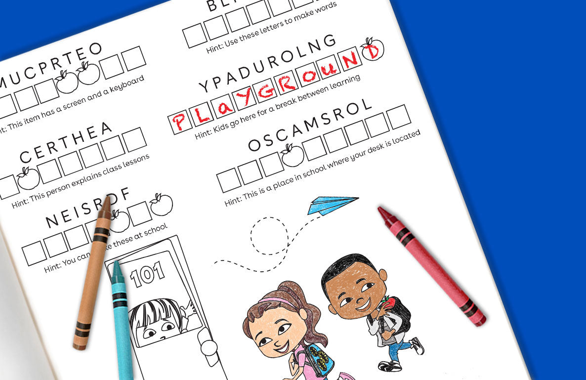 Back-to-school word jumble activity sheet with letter puzzles, hints, and illustrated children, displayed with crayons and pencil on blue background